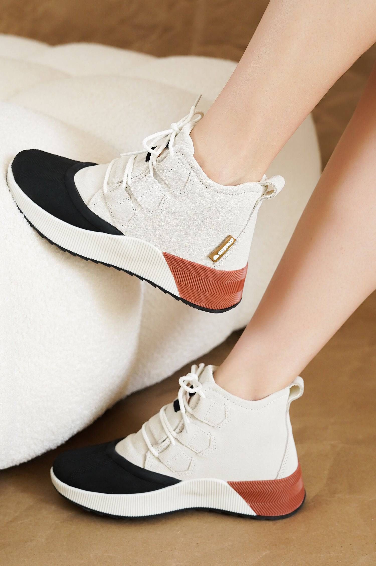 Rhianon waterproof snow boots, white suede, black toe, red-brown heel accent, women's winter shoes