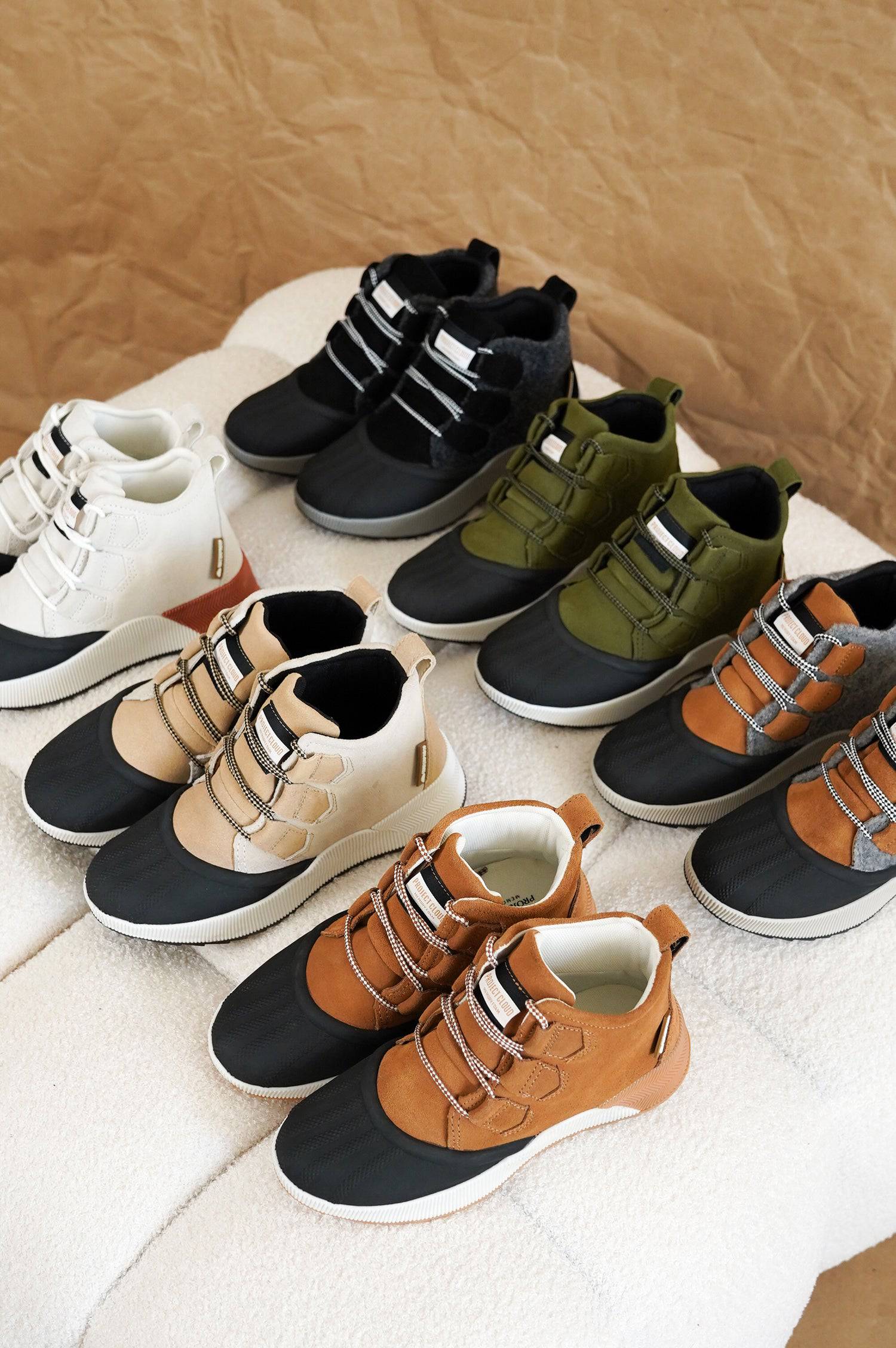 Project Cloud Rhianon waterproof snow boots, beige, black, brown, green, and gray suede. Memory foam, non-slip sole.