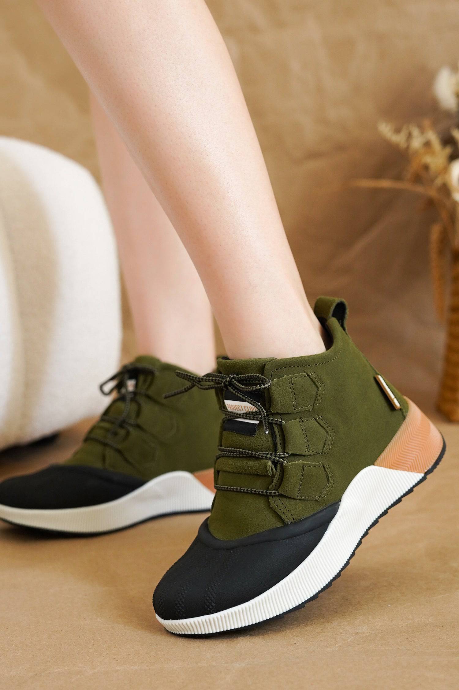 Project Cloud Rhianon women's waterproof snow boots in olive green suede with black toe and white non-slip sole