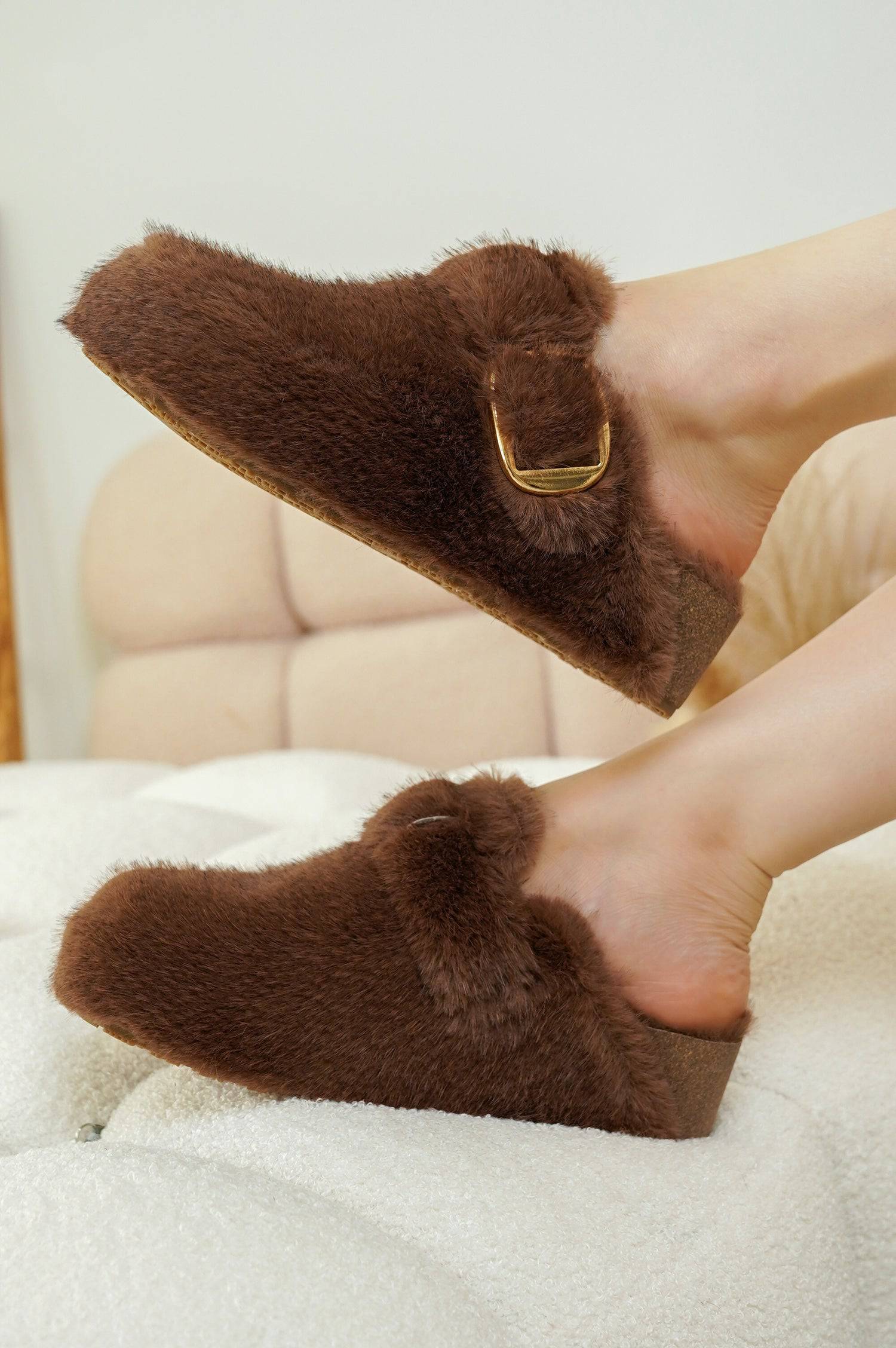 Brown Rhona Clogs with Faux Fur and Adjustable Buckle