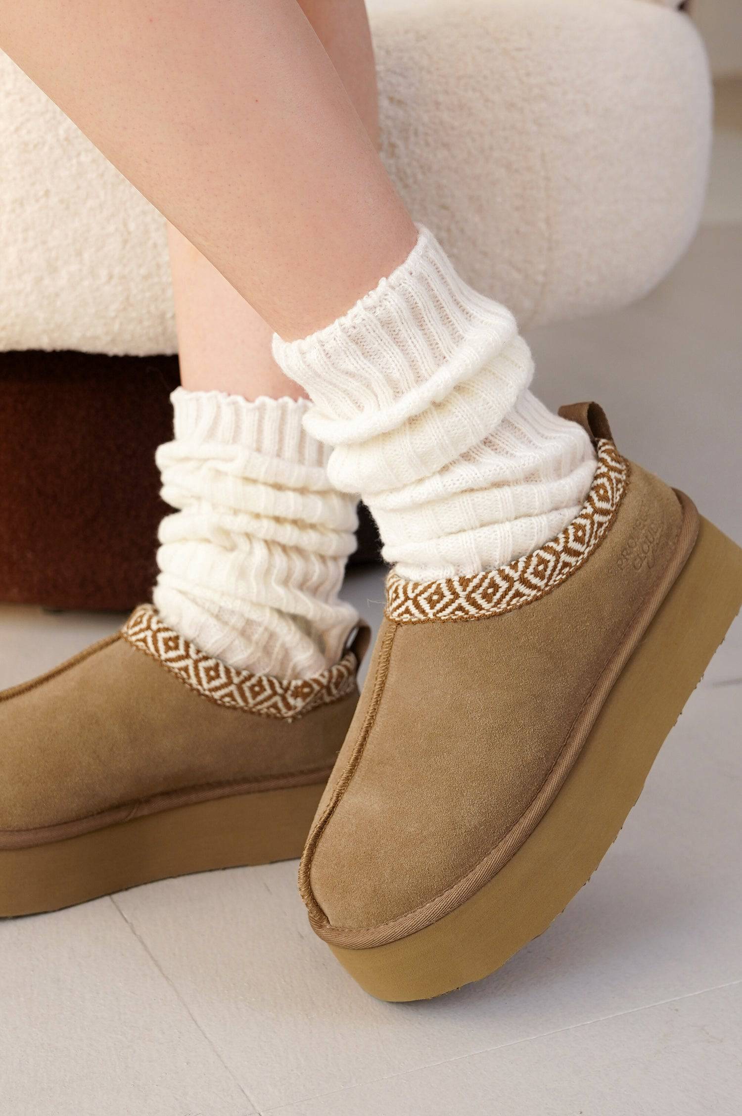 Brown suede Sayre platform slippers with faux fur and leg warmers