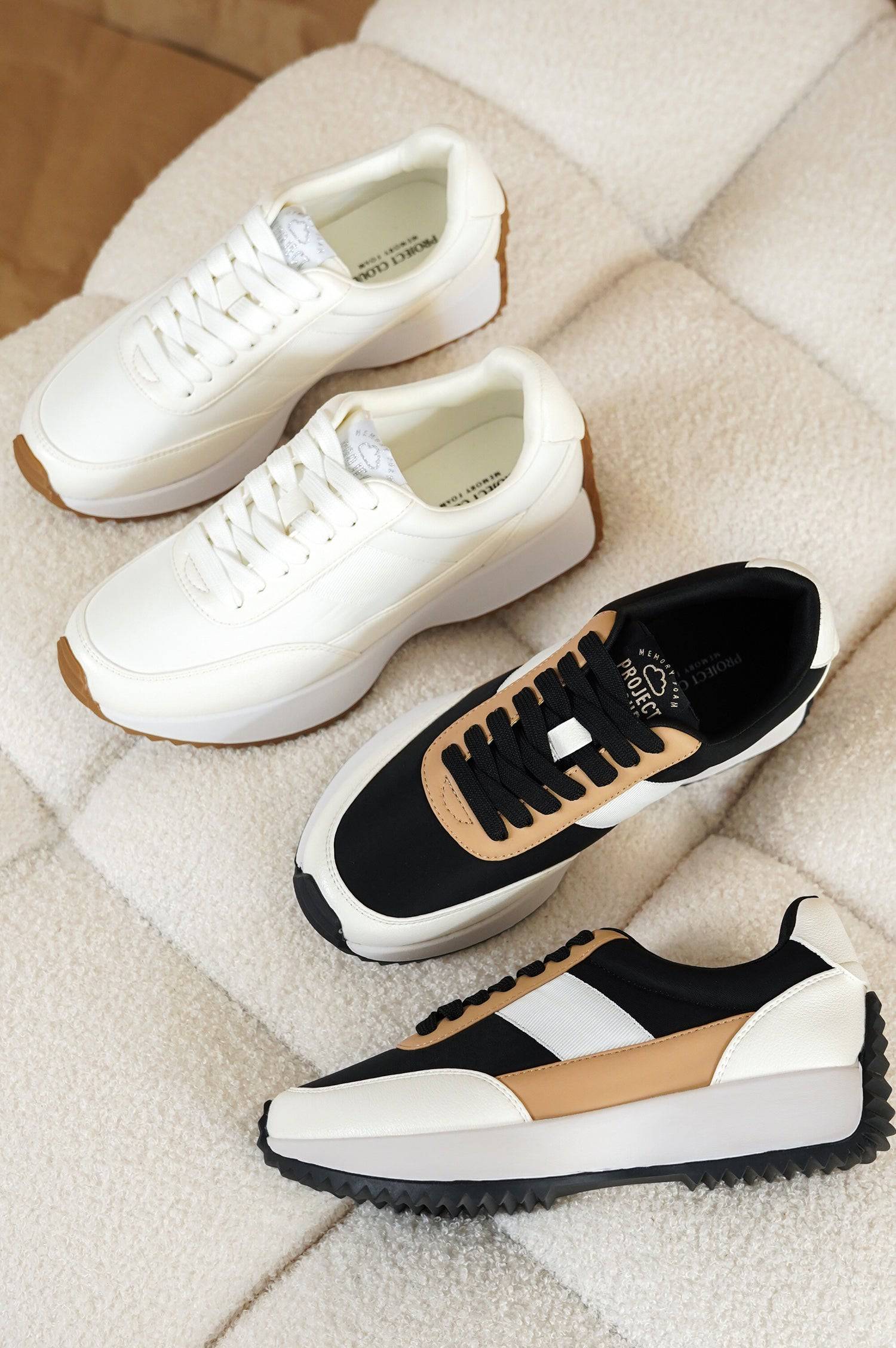 Project Cloud Serena women's sneakers in white and black colorways with memory foam insoles and non-slip soles.