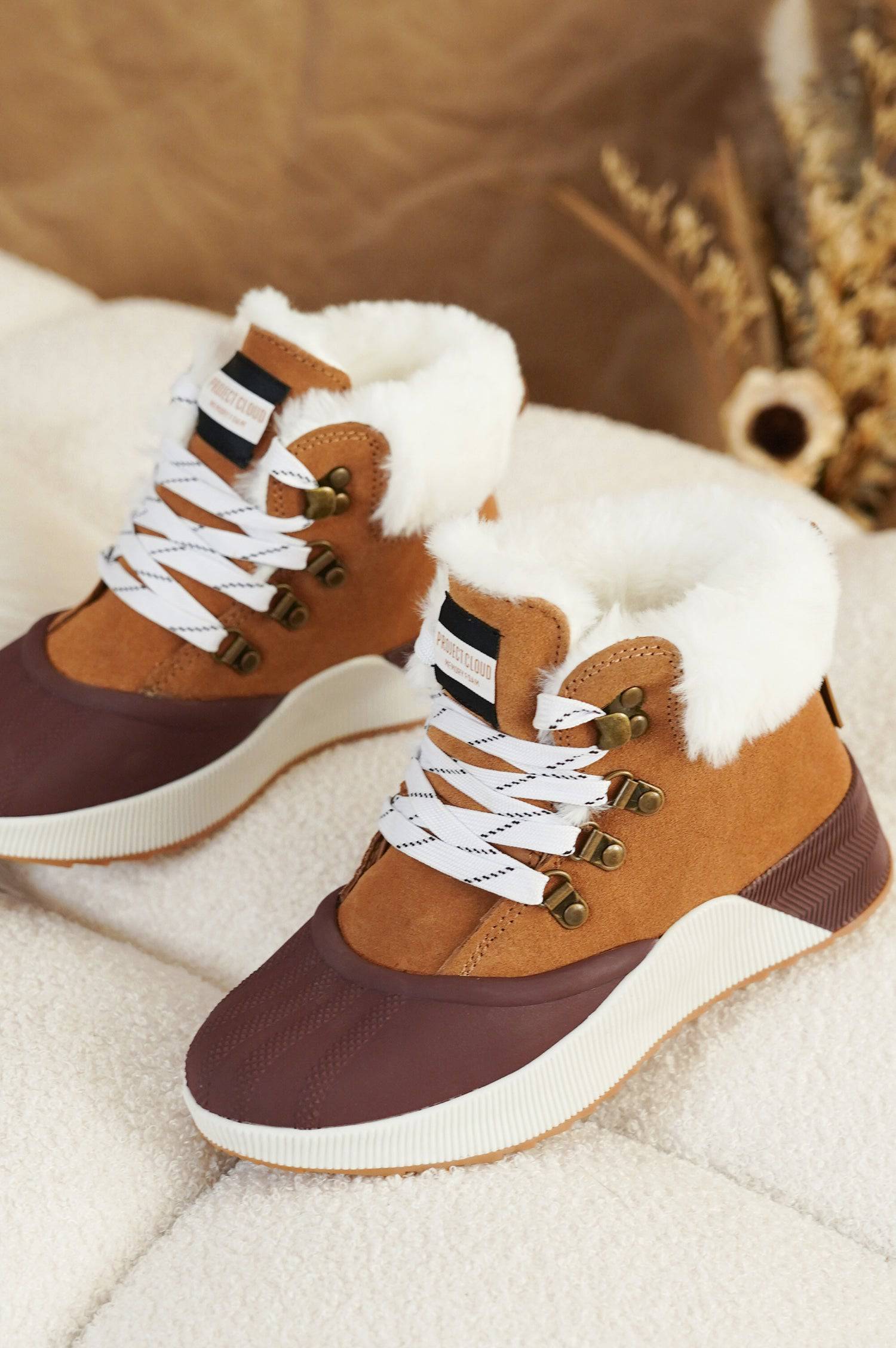Project Cloud Terina Boots: Brown suede waterproof boots with white faux fur lining, laces, and memory foam comfort.