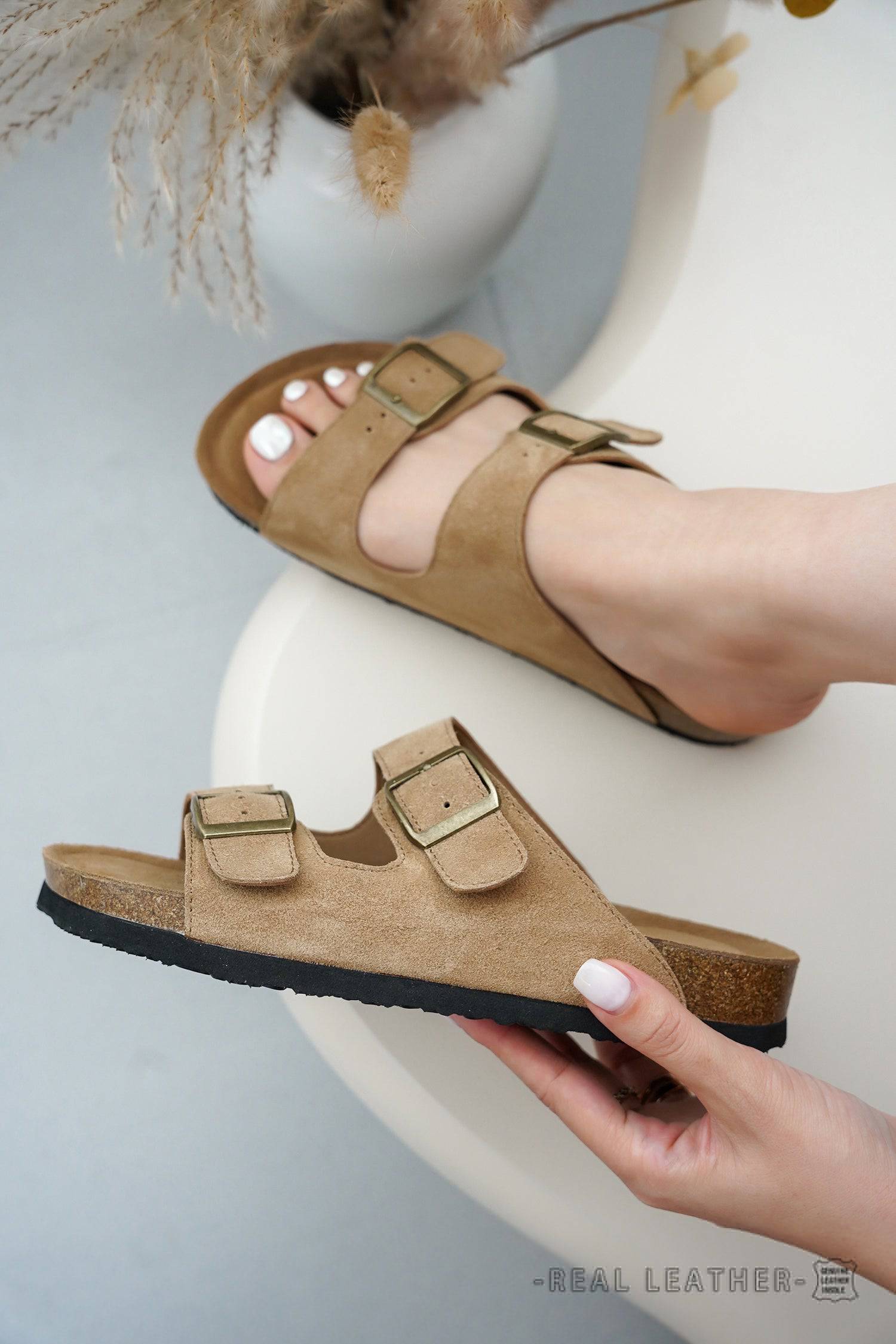 Project Cloud Venita Tan Leather Sandals, adjustable straps, cork footbed, summer slides. Real leather, women's footwear.