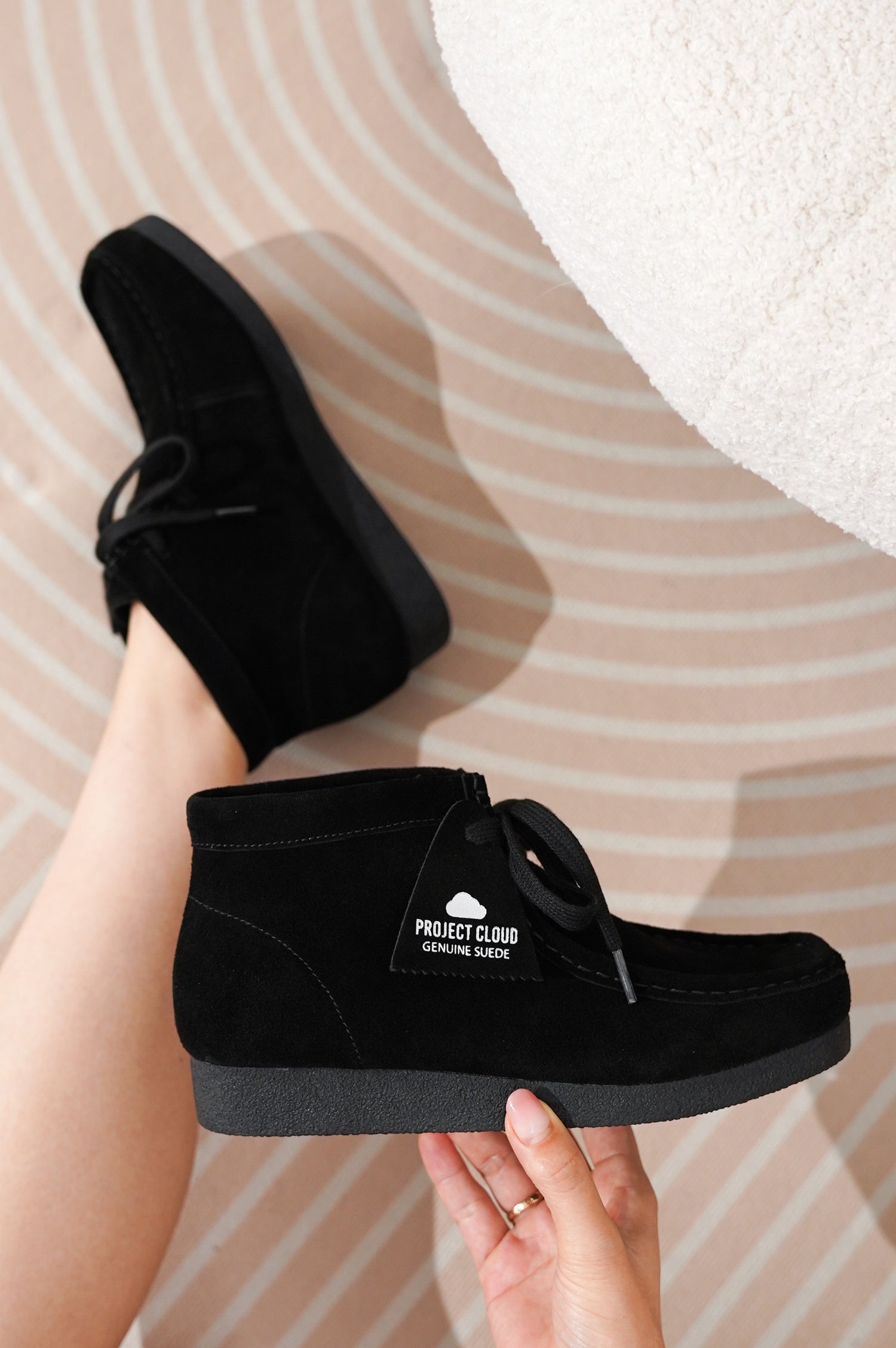 Project Cloud black suede Wally Boot, women's footwear, genuine suede ankle boot featuring memory foam and non-slip sole.