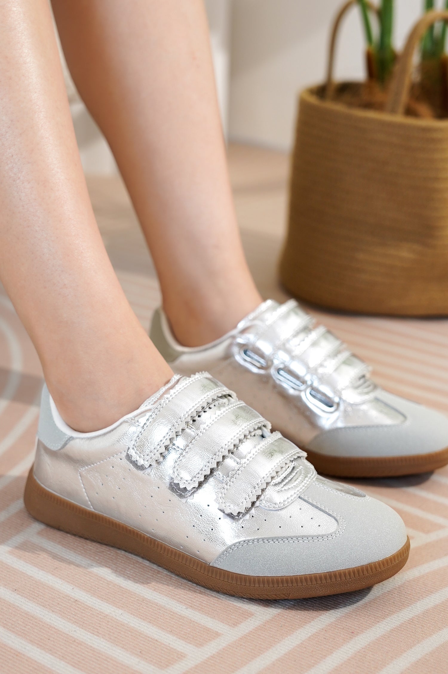 Project Cloud Ysabelle silver vegan leather sneakers with velcro straps, memory foam sole.