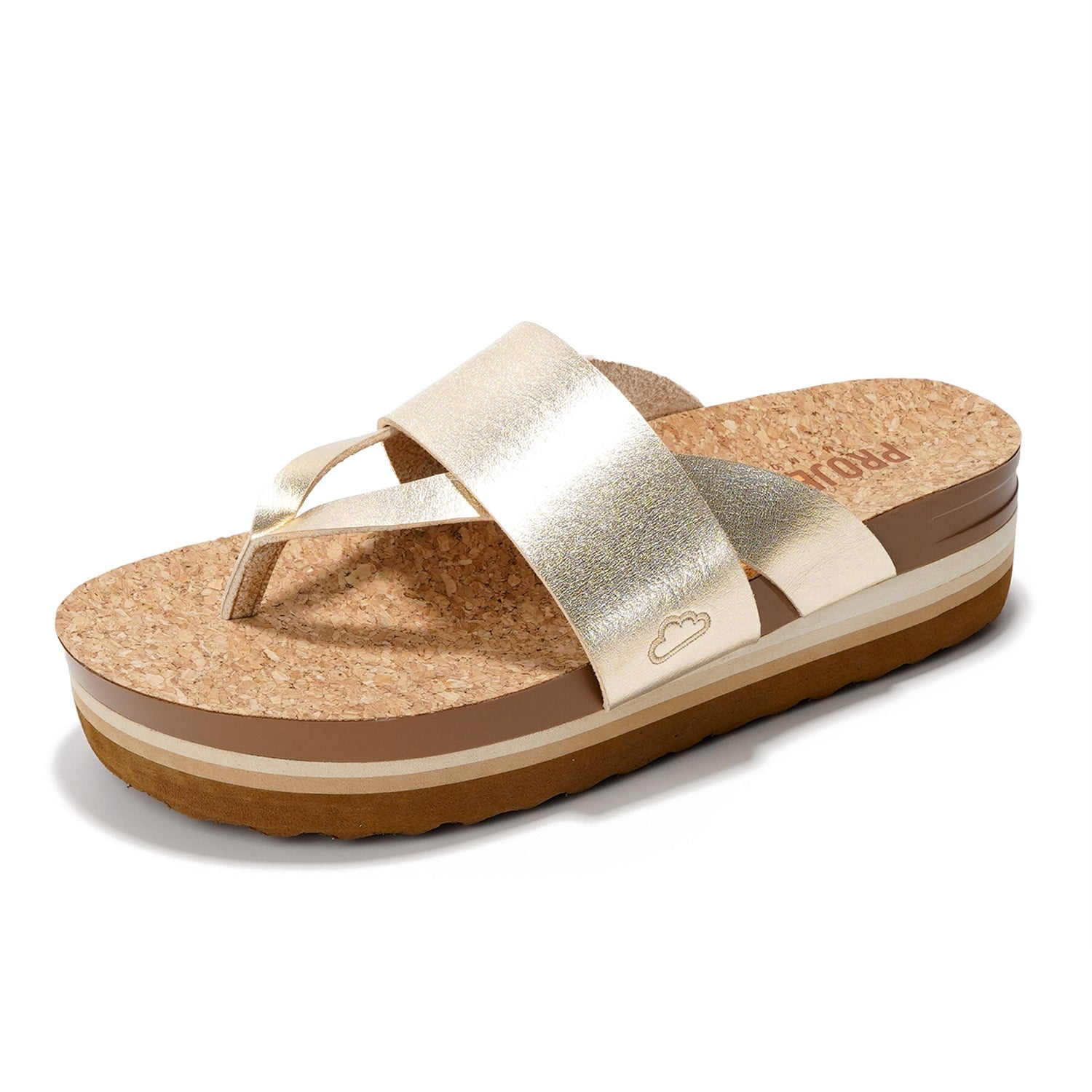 Project Cloud Raft gold vegan leather wedge sandals with cork footbed and anti-slip sole.