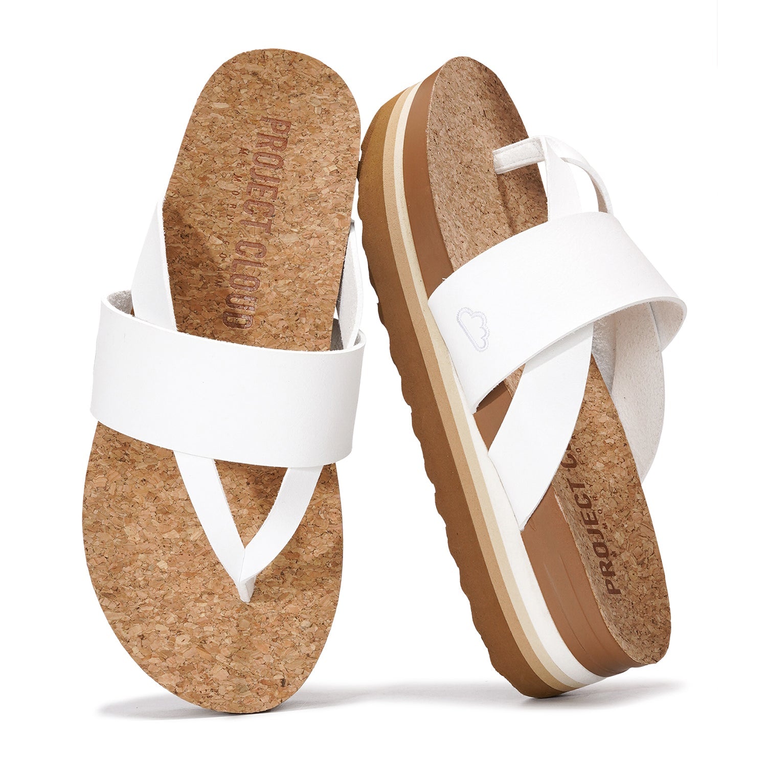 Project Cloud "Raft" white vegan leather wedge sandals with cork footbed and anti-slip sole.