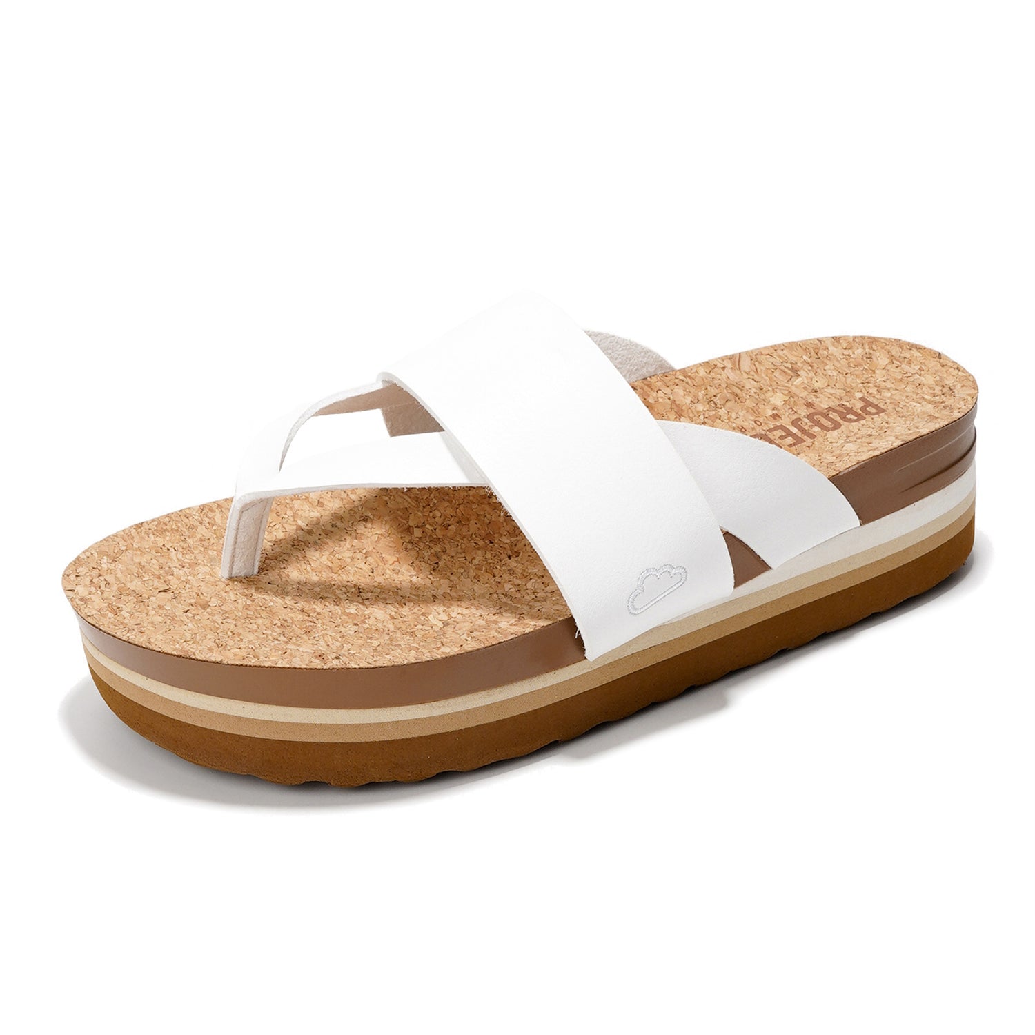 Project Cloud Raft white vegan leather wedge sandals with cork footbed and anti-slip sole.