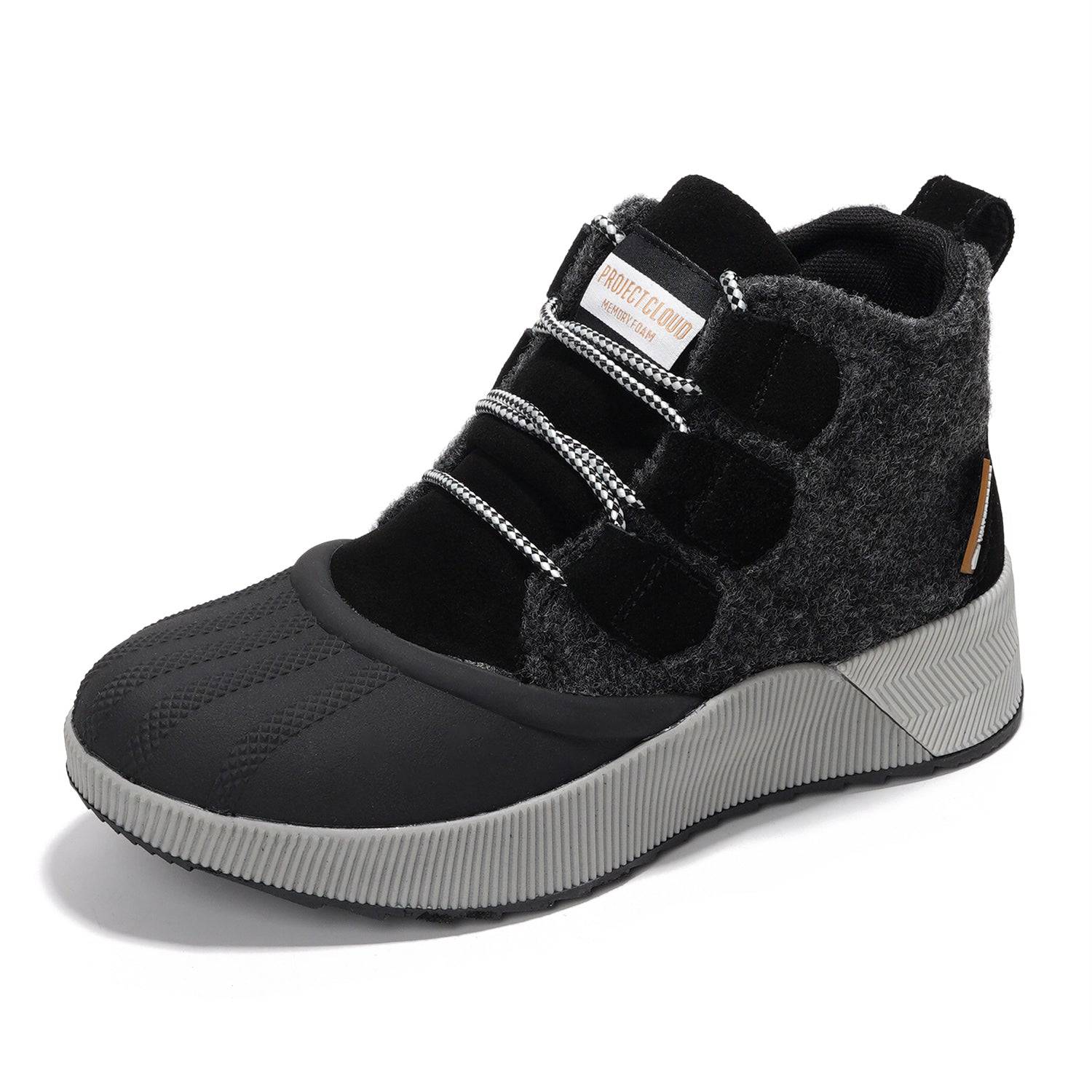 Project Cloud Rhianon waterproof snow boots, black toe, gray felt and suede upper, memory foam, non-slip outsole