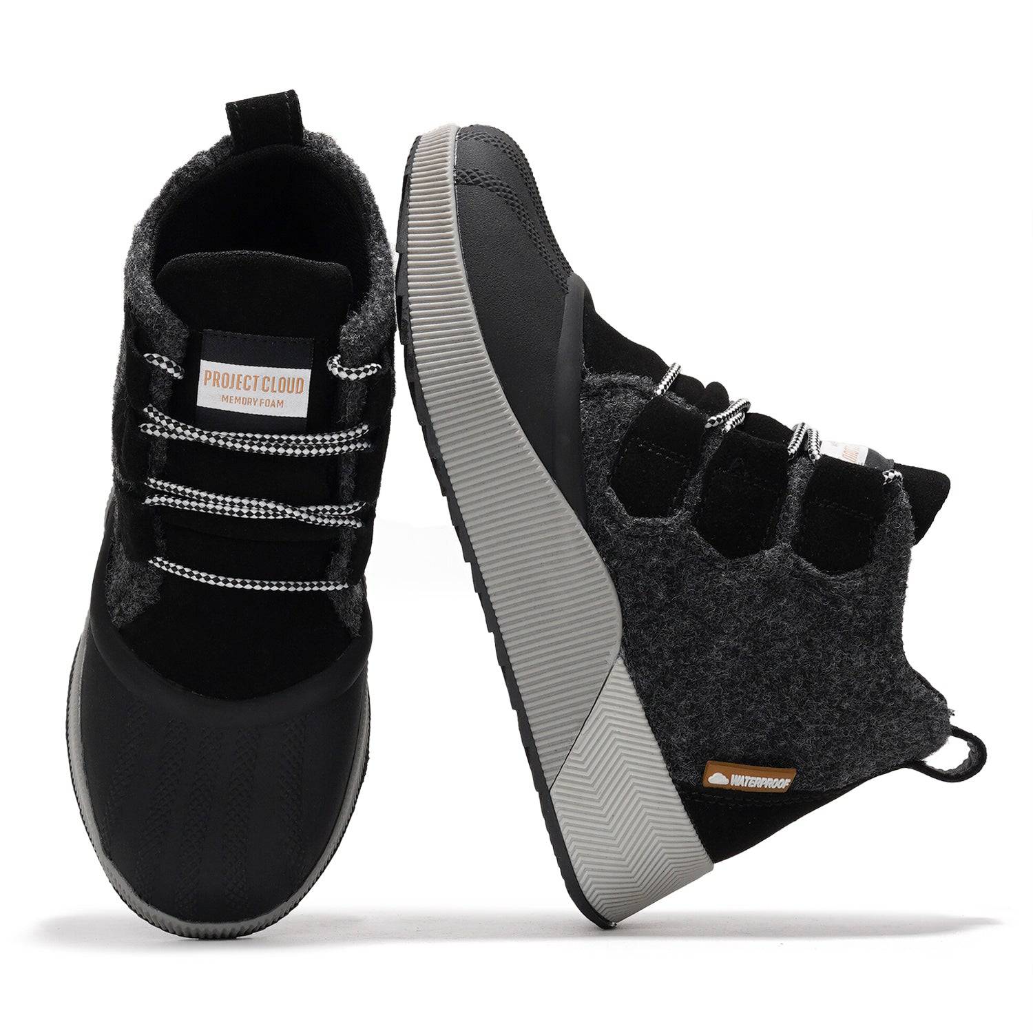 Project Cloud Rhianon women's waterproof snow boots in black, gray felt, and suede with memory foam and non-slip outsole