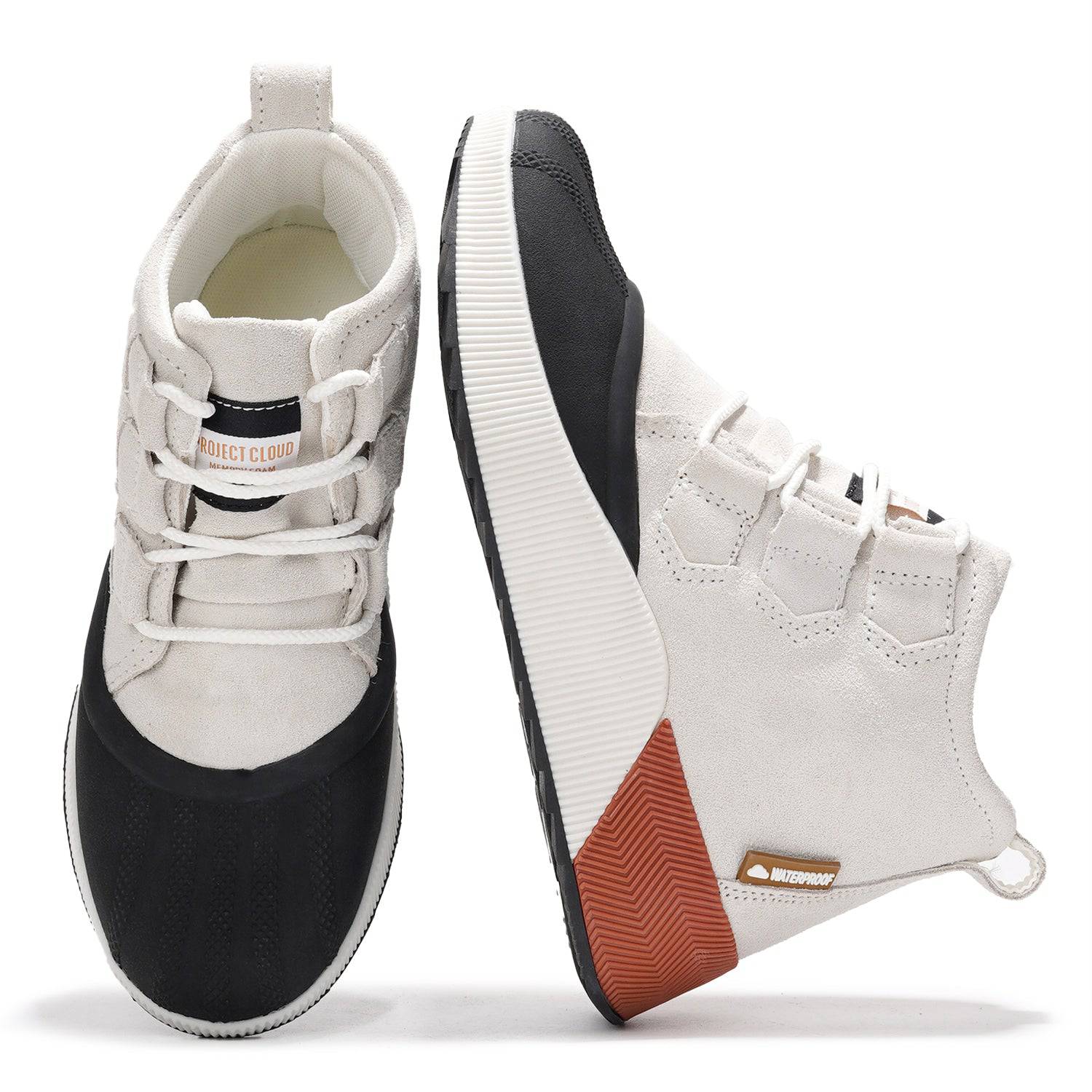 Project Cloud Rhianon Women's Waterproof Snow Boots in white suede with black toe and non-slip outsole.