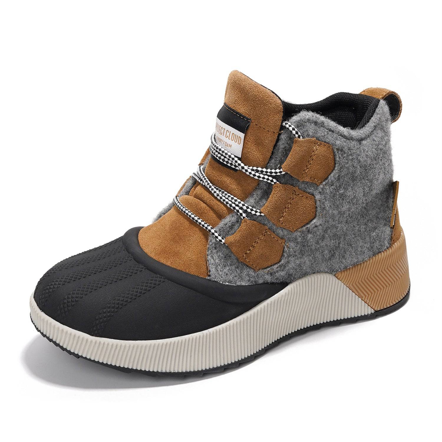 Project Cloud Rhianon Women's Waterproof Snow Boots in brown suede, gray felt, and black rubber with non-slip outsole.