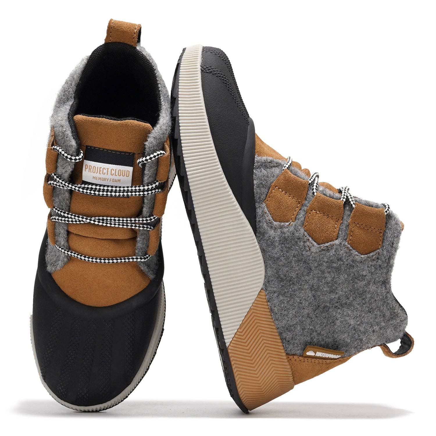 Project Cloud Rhianon waterproof snow boots in brown suede and gray felt with memory foam