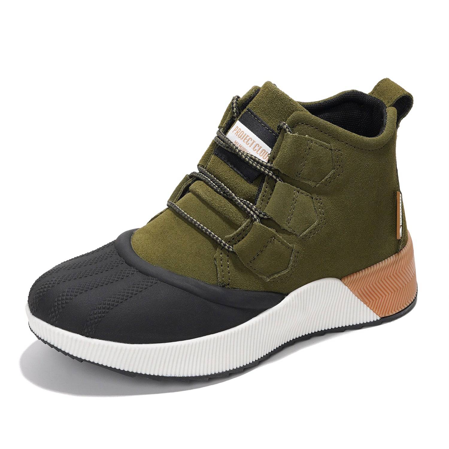 Project Cloud Rhianon waterproof snow boot in olive green suede with non-slip outsole, women's winter boot