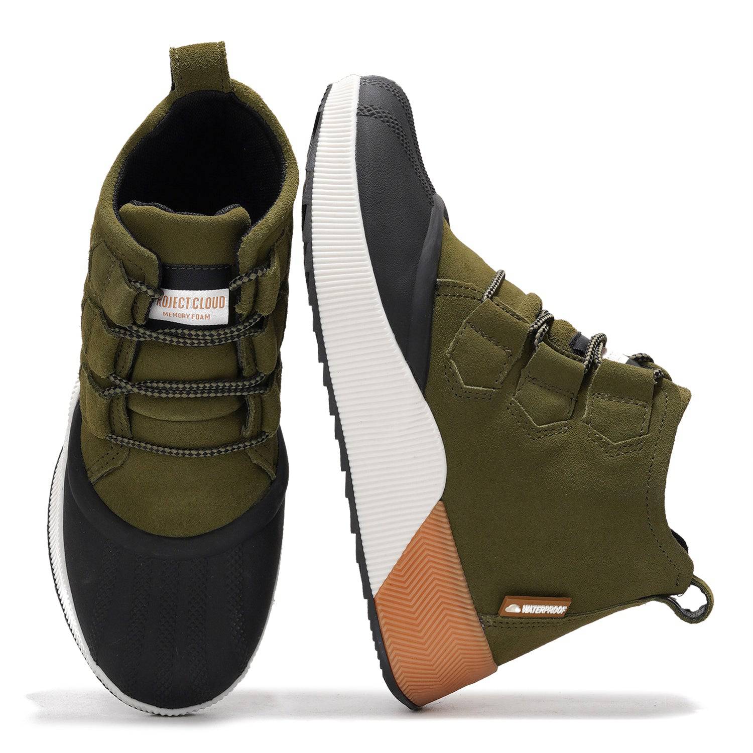 Project Cloud Rhianon Waterproof Snow Boots in olive green suede, memory foam, and non-slip outsole, waterproof winter boots