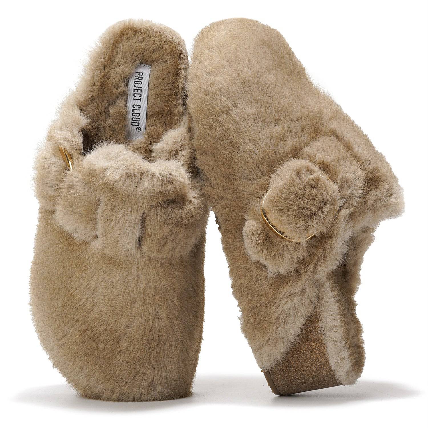 Project Cloud Rhona Clogs in taupe, featuring faux fur lining, adjustable buckle and memory foam footbed.
