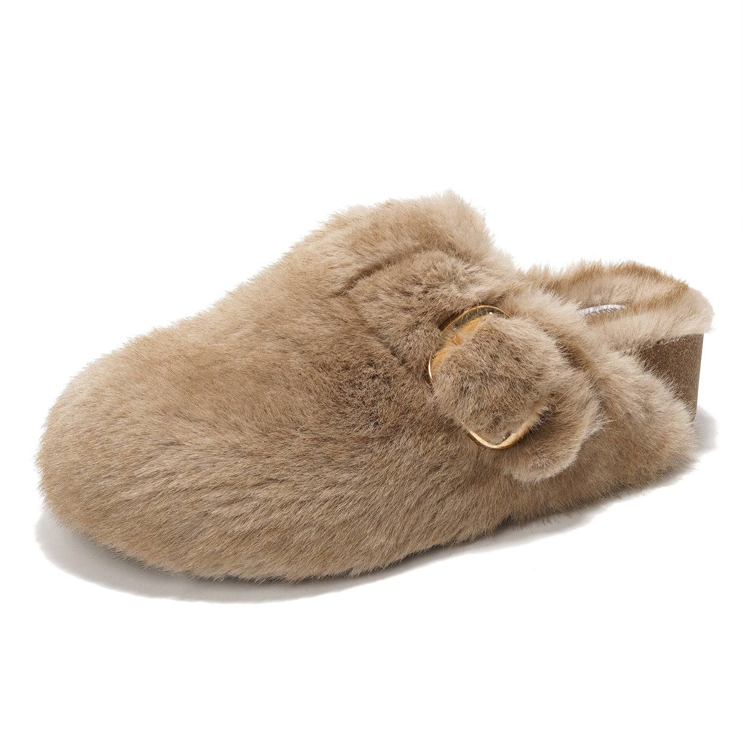 Project Cloud Rhona Clogs in taupe, featuring faux fur lining, memory foam footbed, and adjustable buckle.