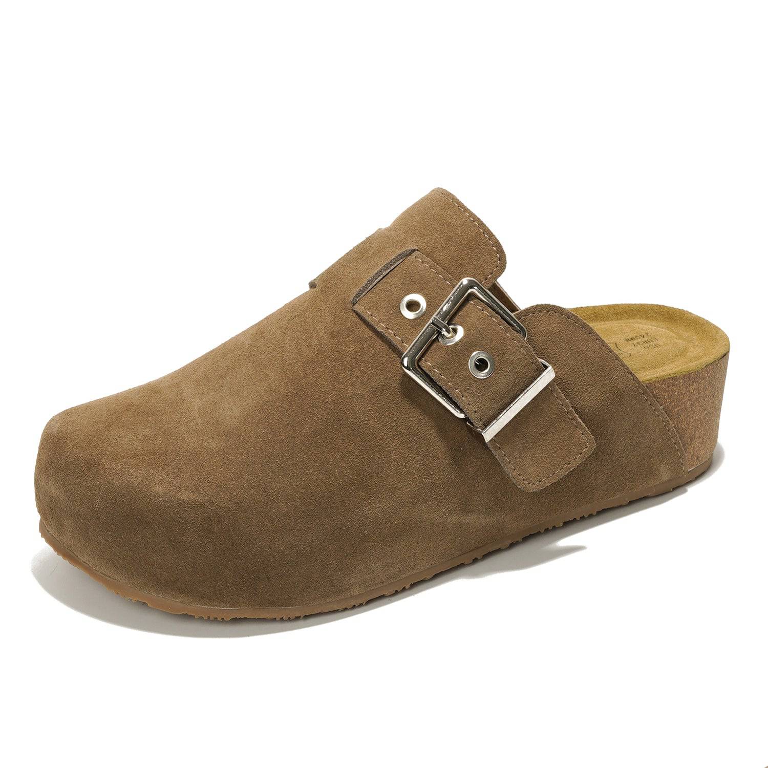 Brown Suede Rhona Clog with Adjustable Buckle and Memory Foam Footbed