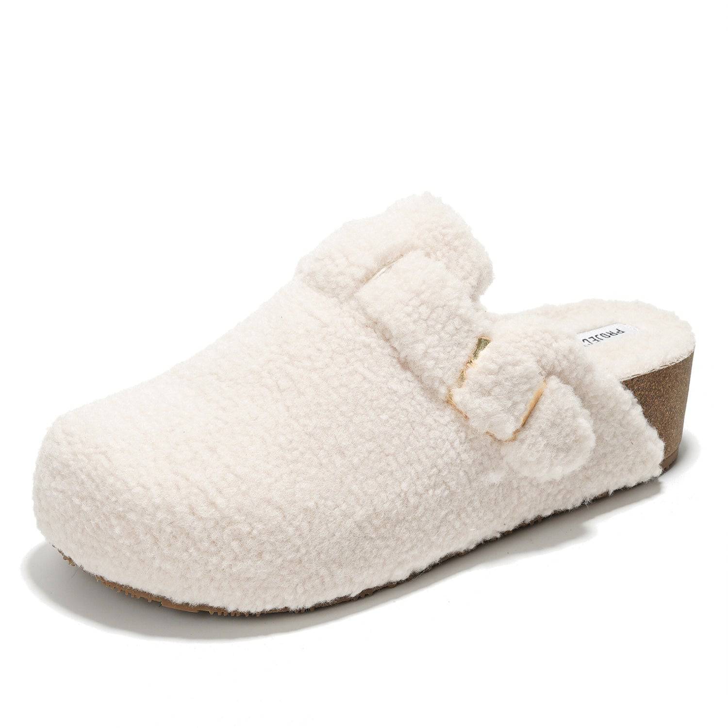Women's Rhona Clogs in Cream, featuring adjustable buckle, faux shearling, and Project Cloud branding.
