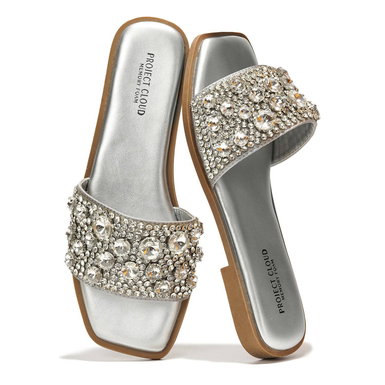 Project Cloud Rosemary Rhinestone Sandals, Silver Memory Foam Flats for Women