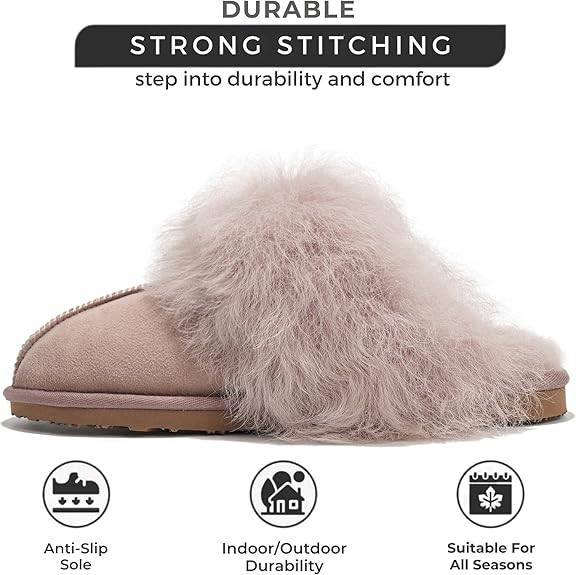 Ryann blush suede sheepskin scuff slippers with strong stitching, shearling trim, and non-slip sole, for indoor/outdoor use