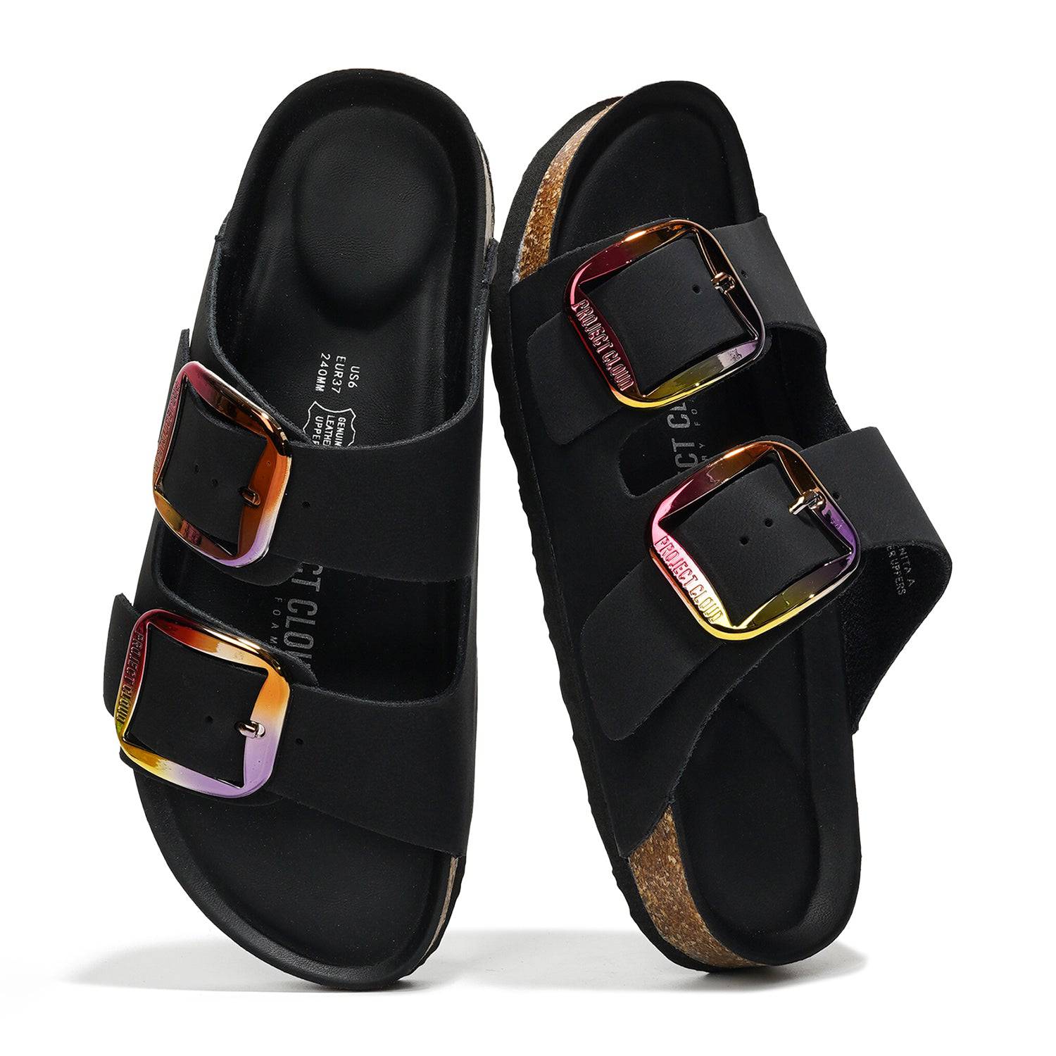 Project Cloud Santorini Leather Sandals in Black with Multi-Color Buckles