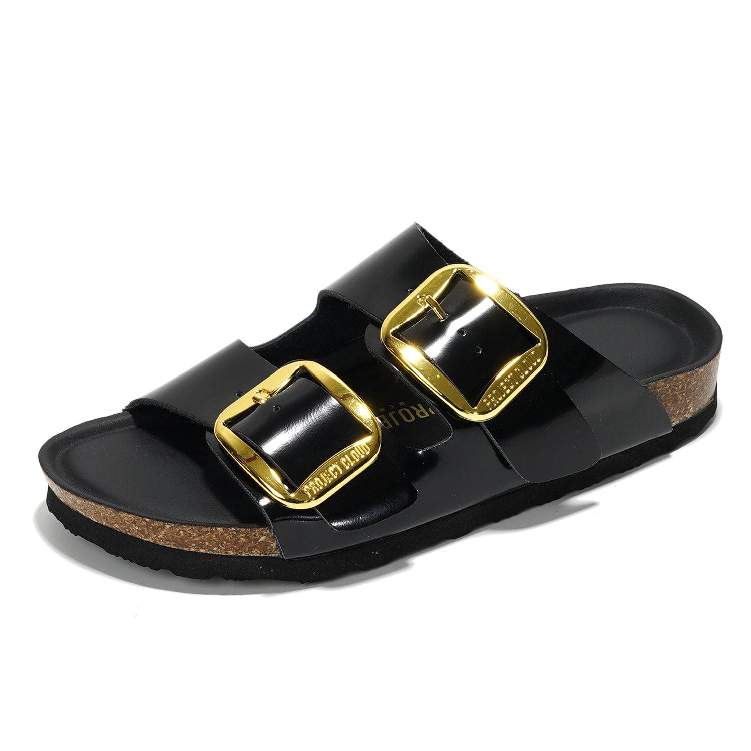 Project Cloud Santorini Black Leather Sandals with Gold Buckles