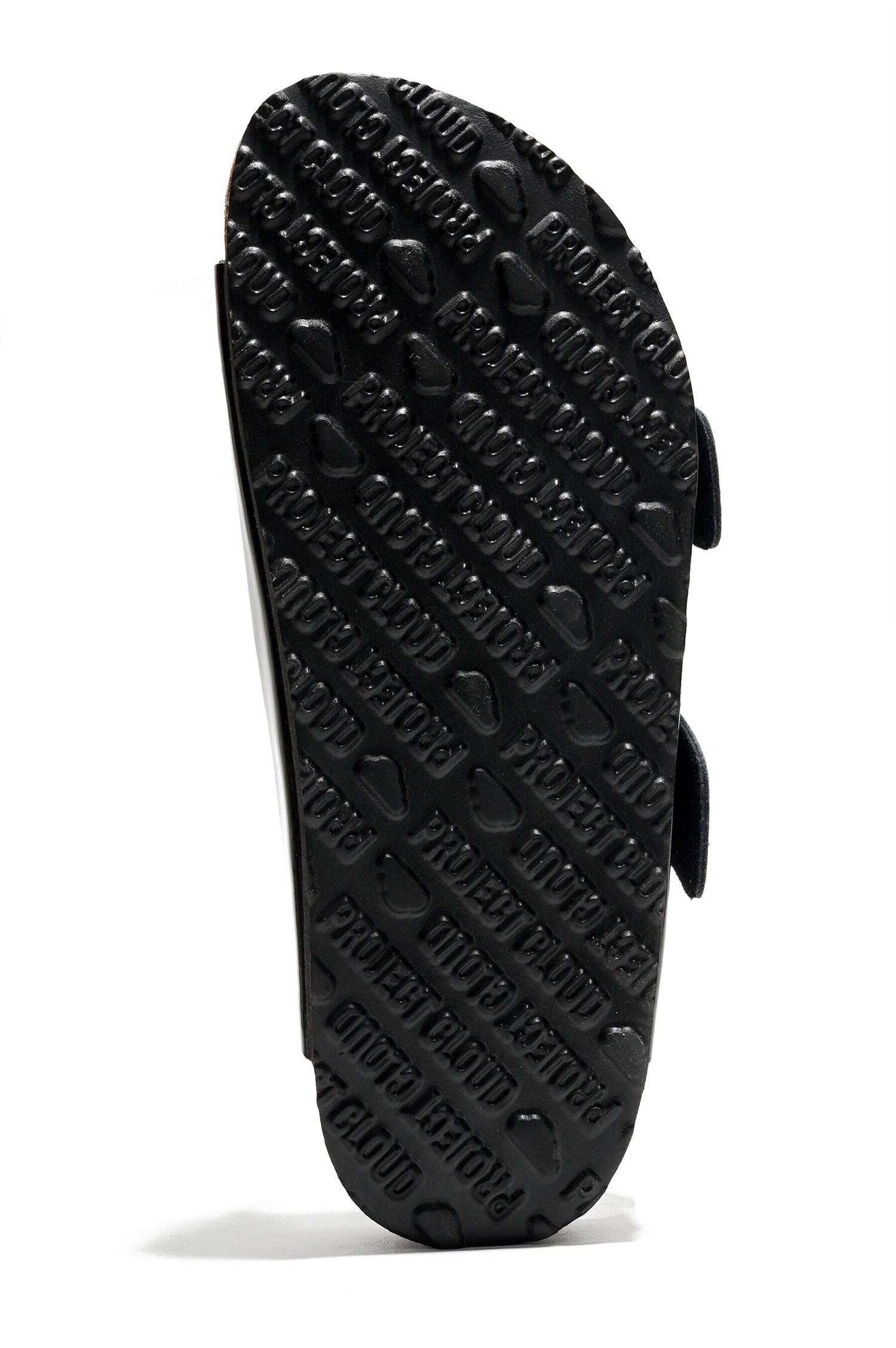 Black Santorini sandal sole with Project Cloud logo. Durable rubber sole for beach comfort.