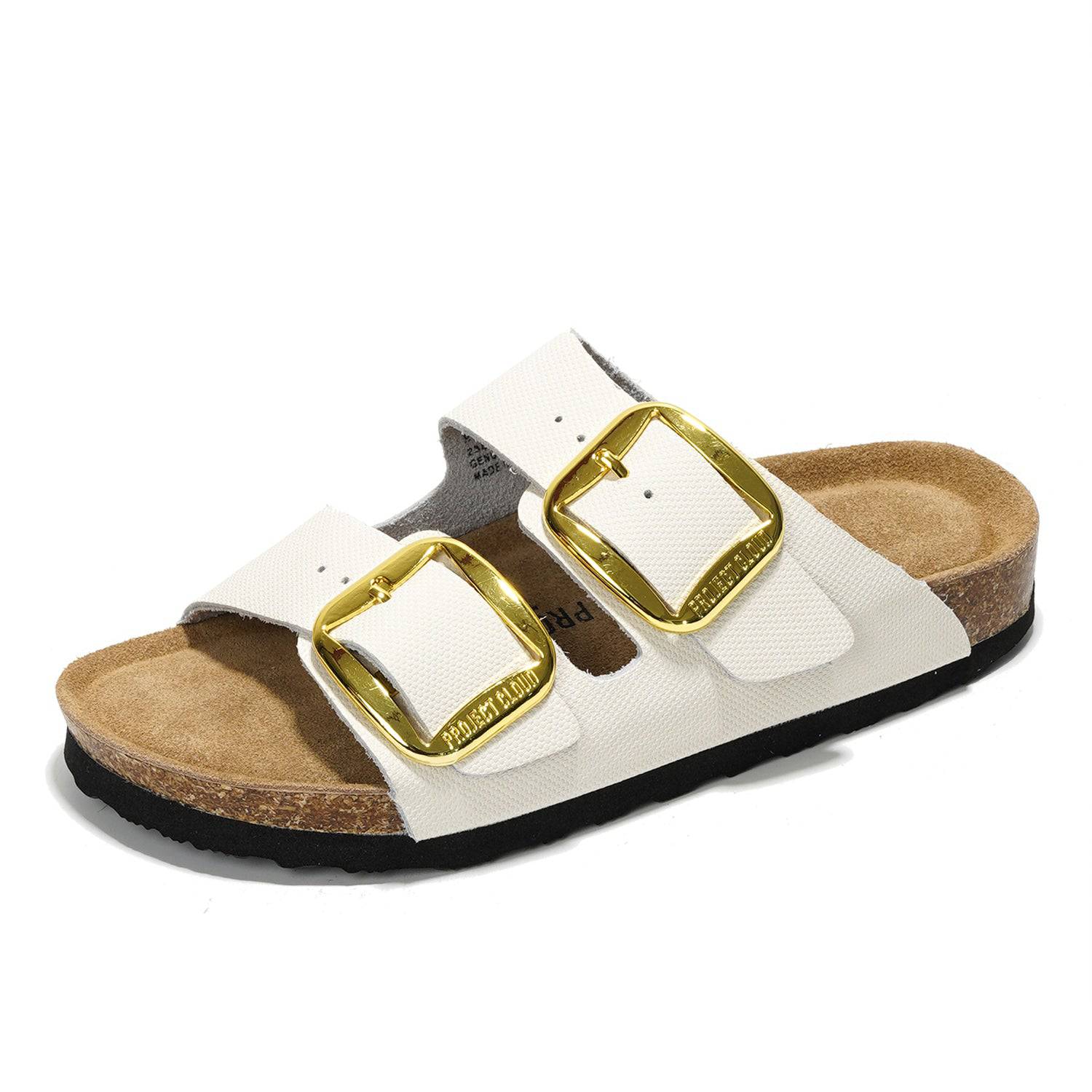 Project Cloud Santorini leather sandals in white with gold buckles, adjustable straps, and cork footbed.