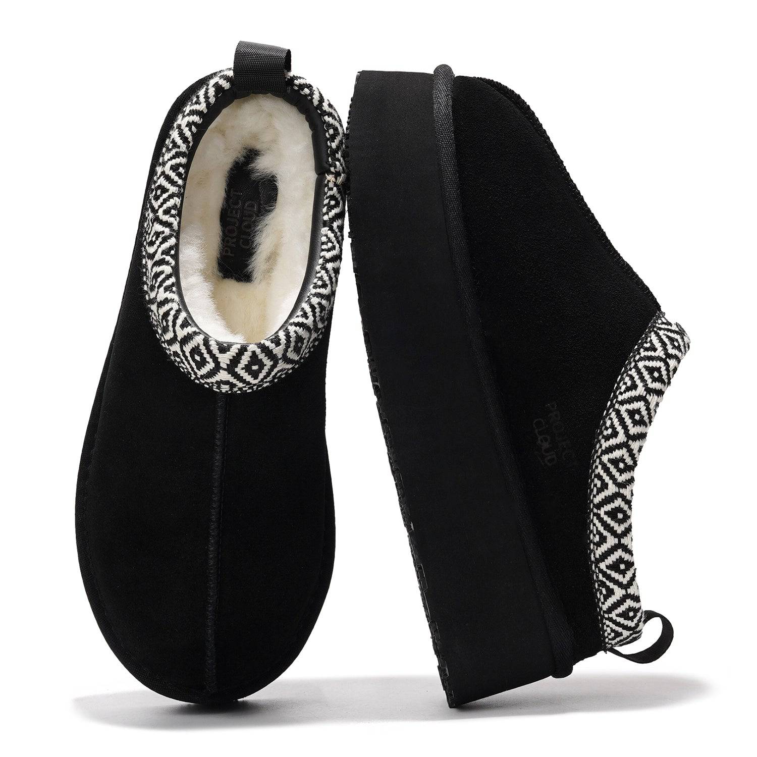 Black suede women's platform slippers with faux fur lining, Project Cloud, Memory Foam, and a geometric patterned collar