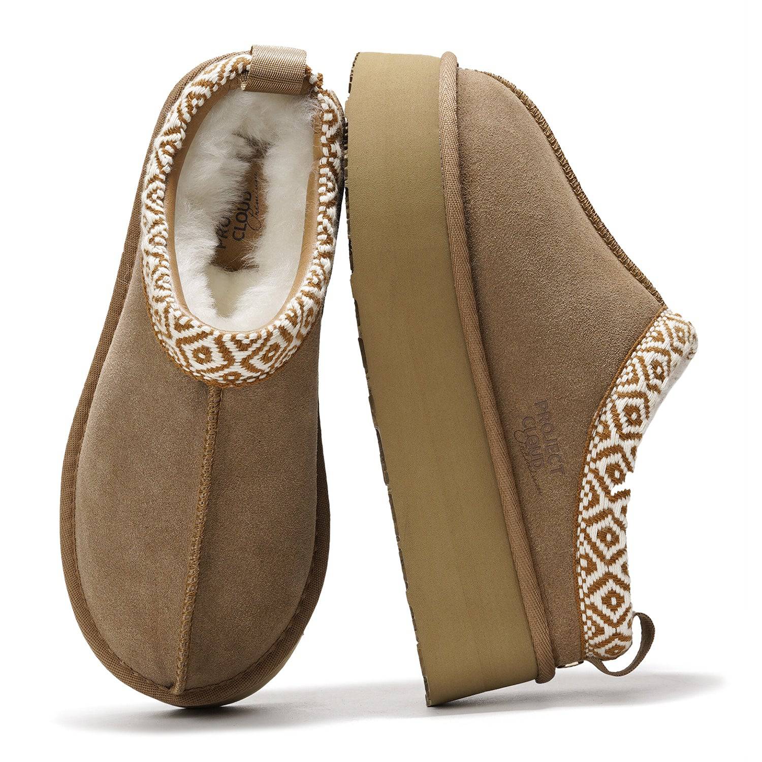 Brown suede women's platform slippers with faux fur lining and geometric collar from Project Cloud, featuring memory foam.