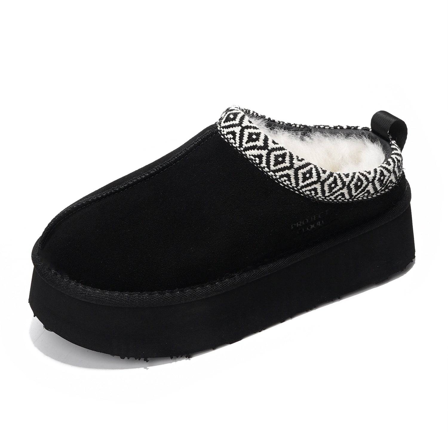 Black suede Sayre platform slippers for women with faux fur lining and geometric collar, Project Cloud