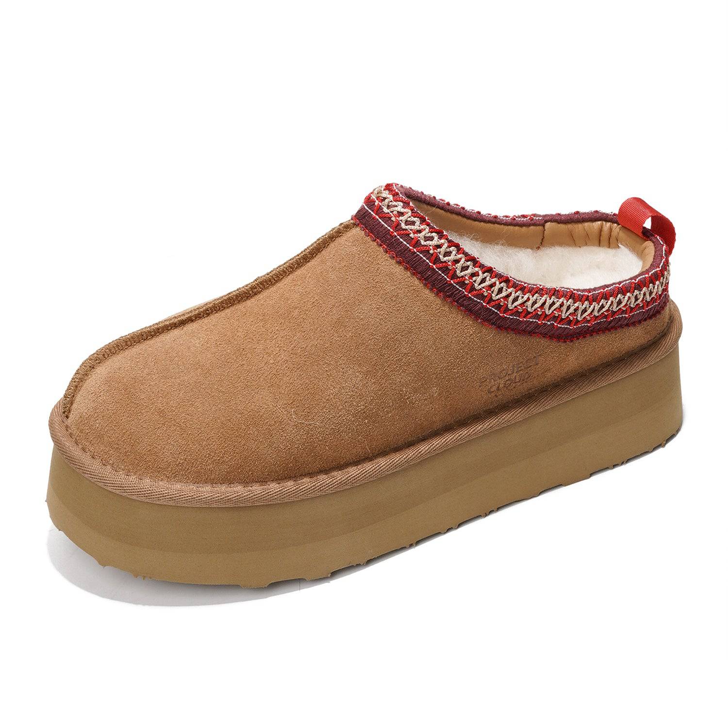 Women's Sayre platform slippers in brown suede with memory foam and faux fur lining.