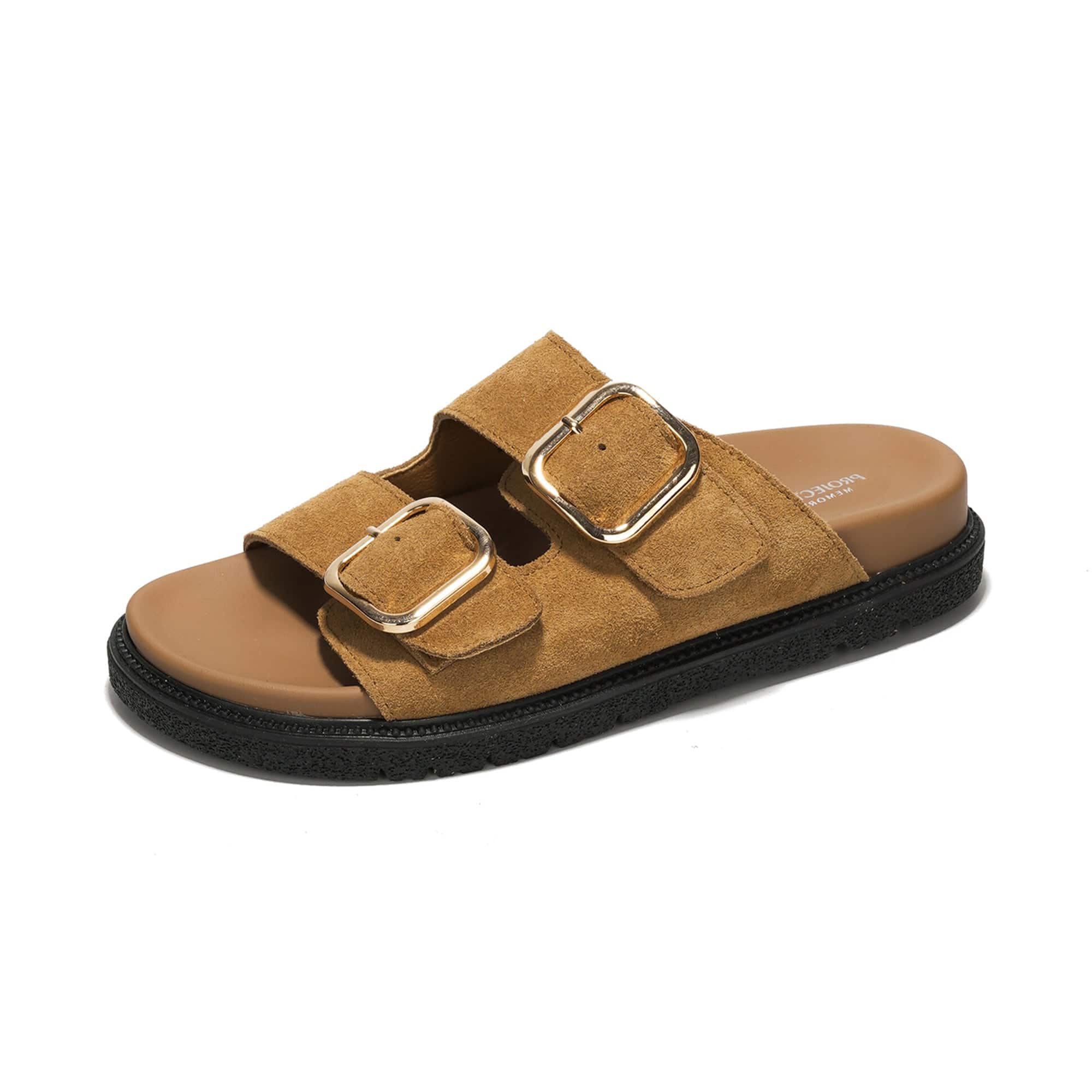 Project Cloud Sharl Slides: Suede leather slides with gold buckles, memory foam insole, beige platform sandal.