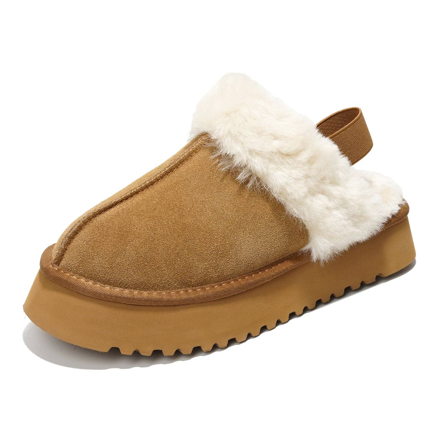 Slingy Suede Slippers for Women. Brown suede with white fur and elastic strap. EVA outsole for secure fit.