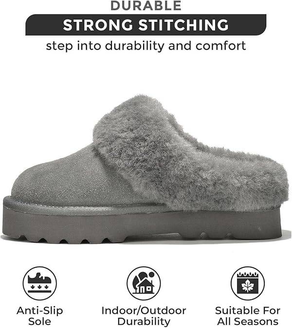 Snowy Gray Suede Slippers with Fur Lining, Durable Stitching, Anti-Slip Sole, and All-Season Comfort.