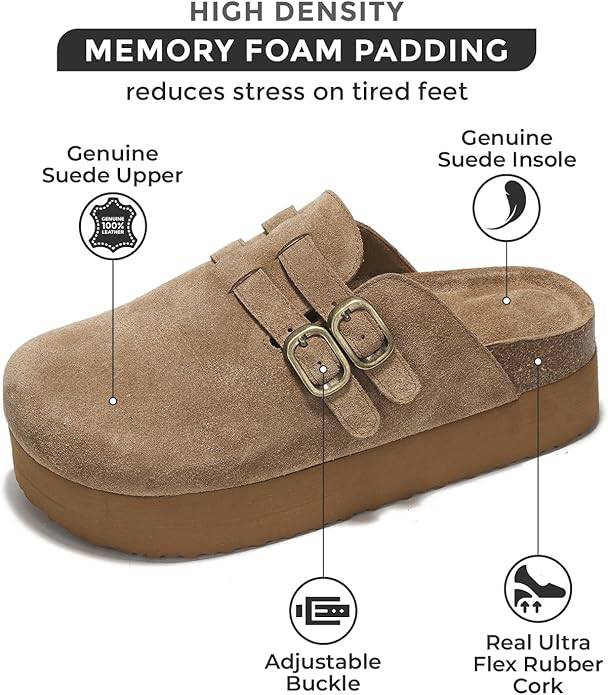 Project Cloud Stephi clogs with genuine suede, memory foam, adjustable buckle, and rubber cork sole.