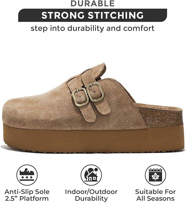 Project Cloud Stephi clogs in taupe suede with double buckle detail, durable strong stitching, anti-slip sole platform.