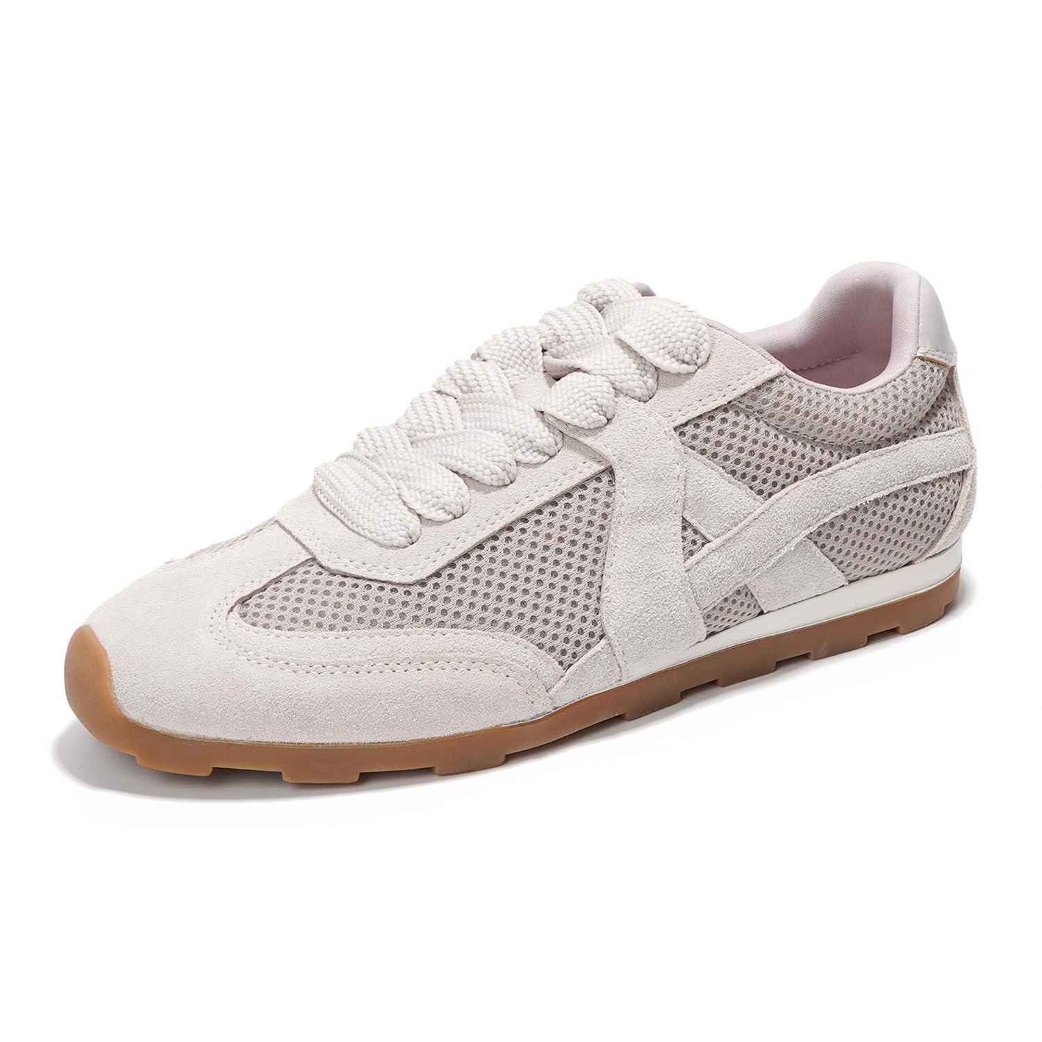 Project Cloud "Tiger" taupe sneakers. Features suede upper, breathable mesh, memory foam, and anti-slip sole for comfort.