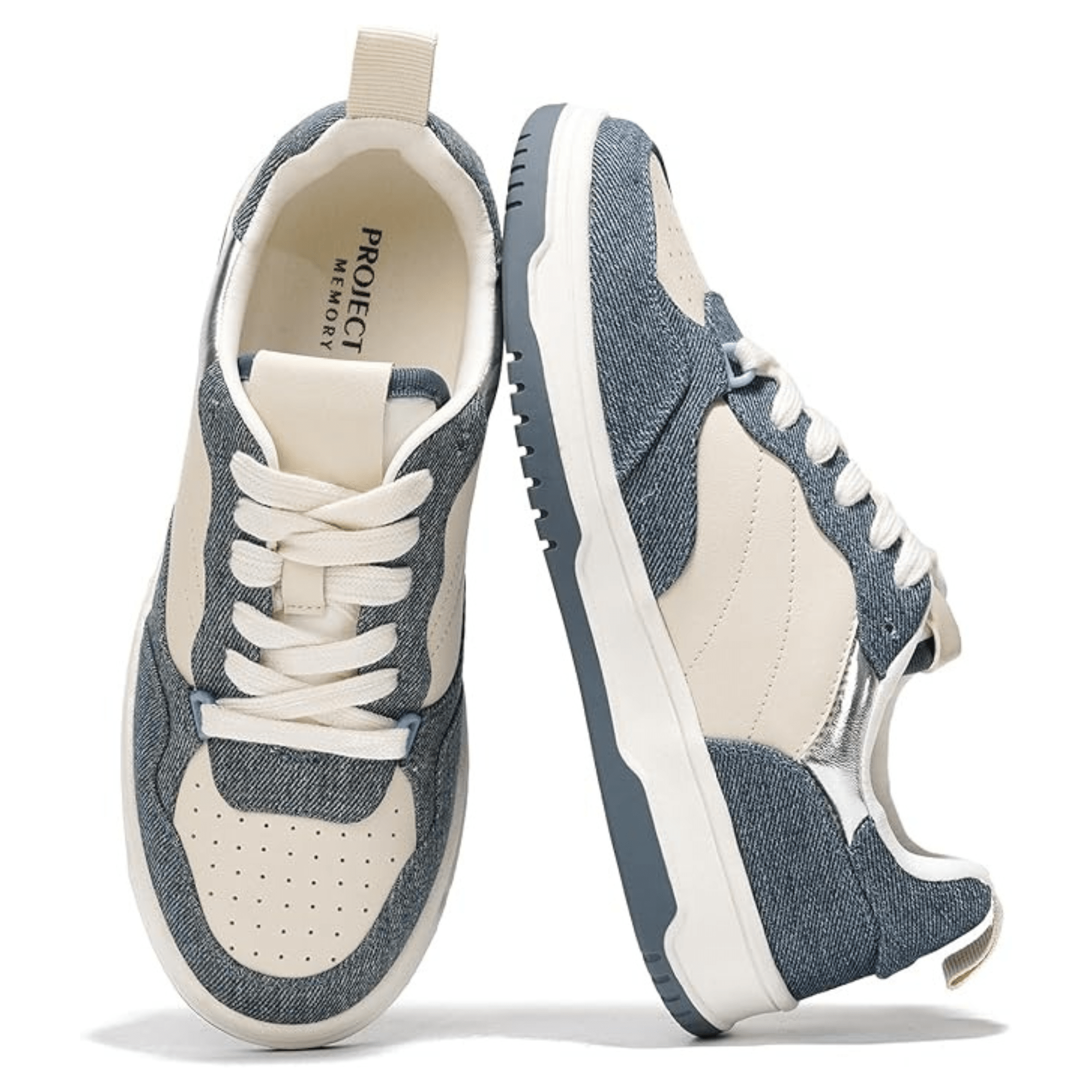 Women's Kiki sneakers, denim and cream vegan leather fashion sneakers, Project Memory, memory foam, lace-up.