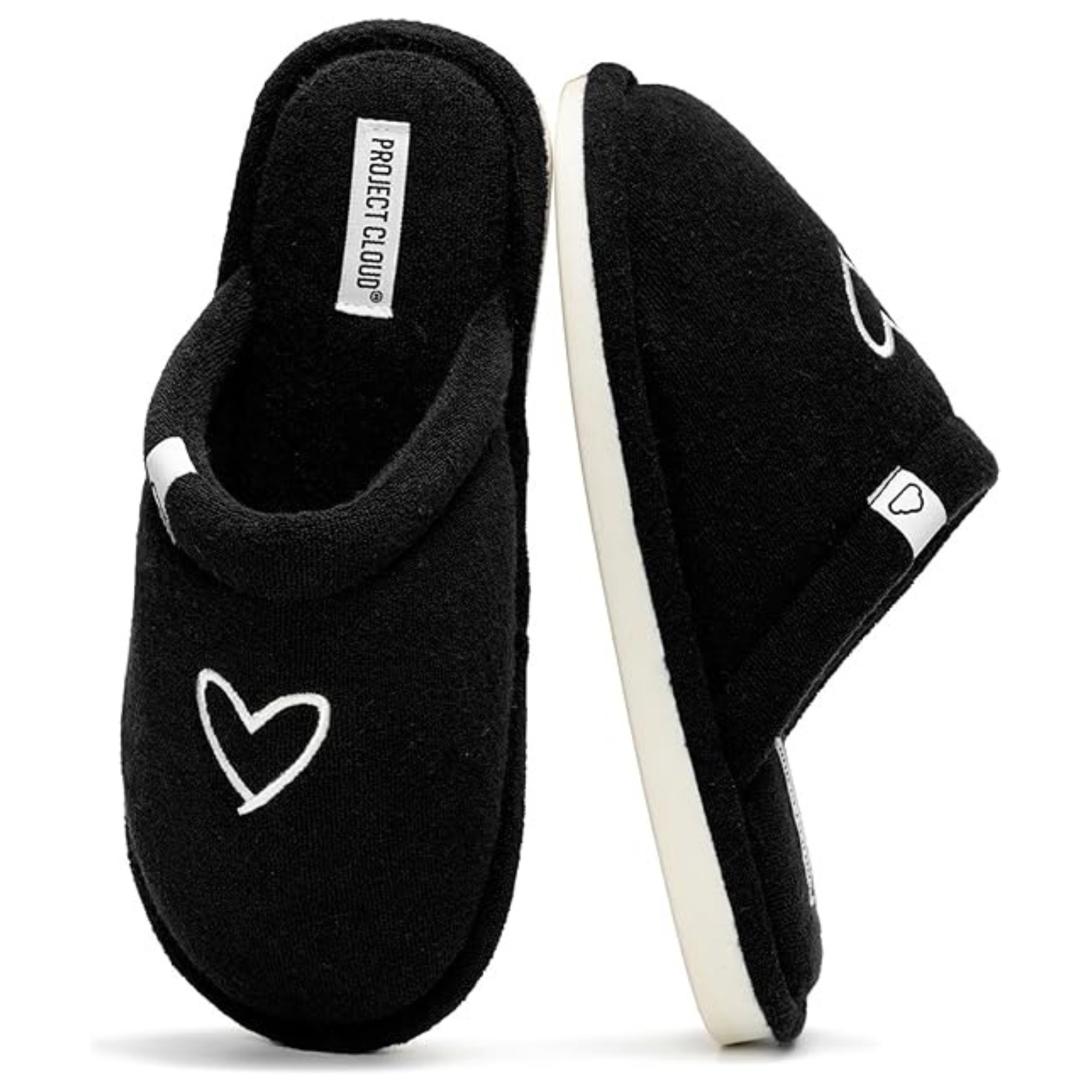 Project Cloud Casa women's black memory foam slippers with white heart detail and branding.