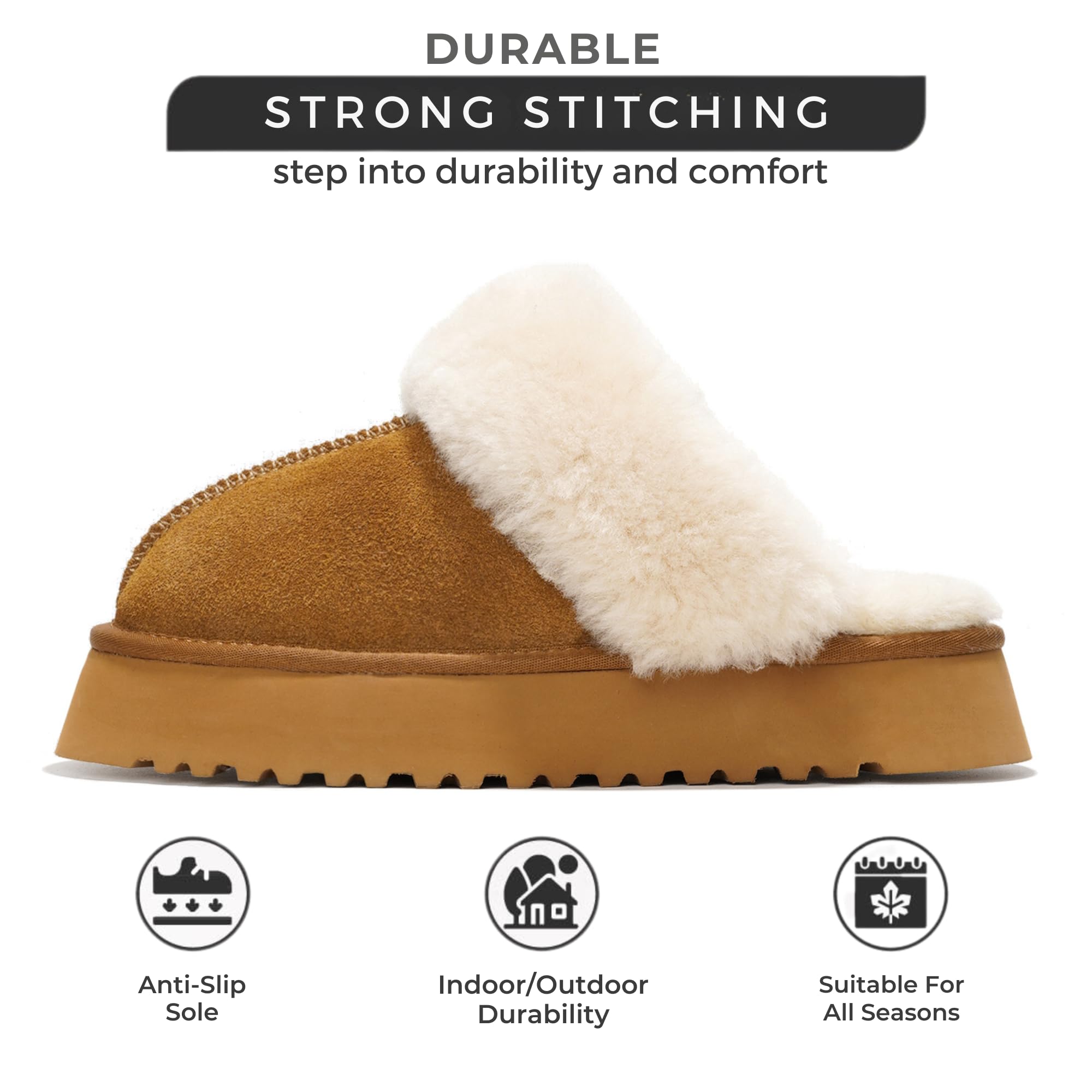 Suede Viki platform slippers with fur, durable, non-slip, all seasons.