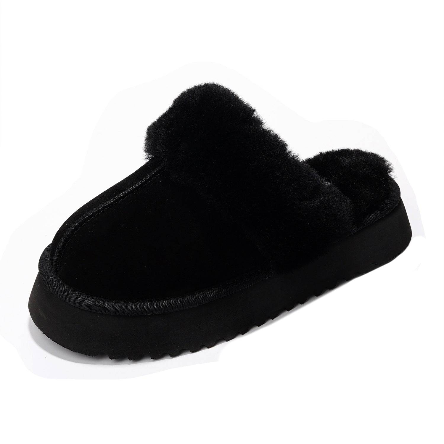 Black Viki platform suede slippers for women with fur trim, memory foam, and non-slip sole.