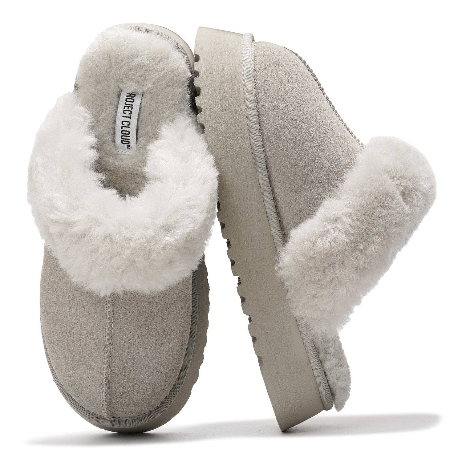 Project Cloud Viki Platform Slippers in grey suede with fluffy fur lining and memory foam.