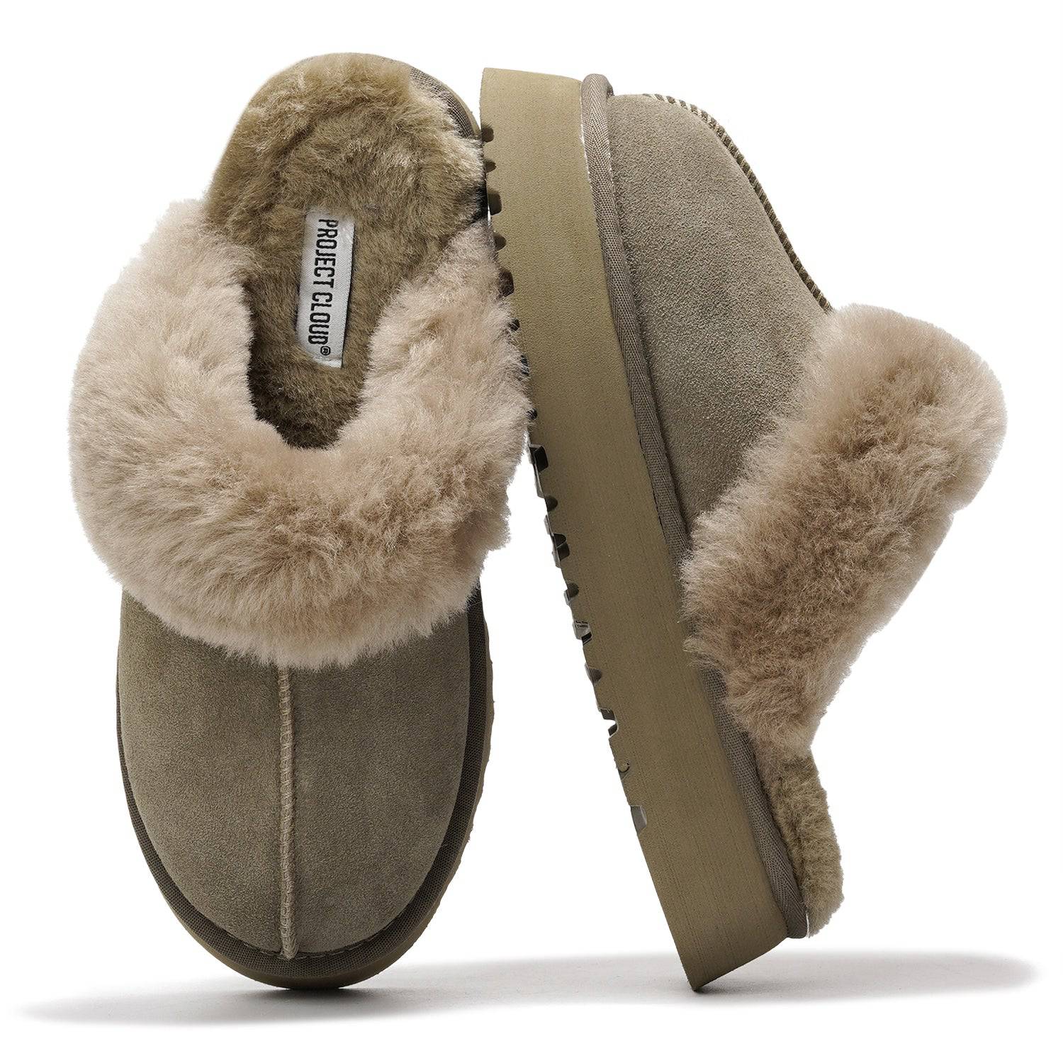 Project Cloud Viki Platform Suede Slippers for Women, featuring plush fur lining and memory foam.