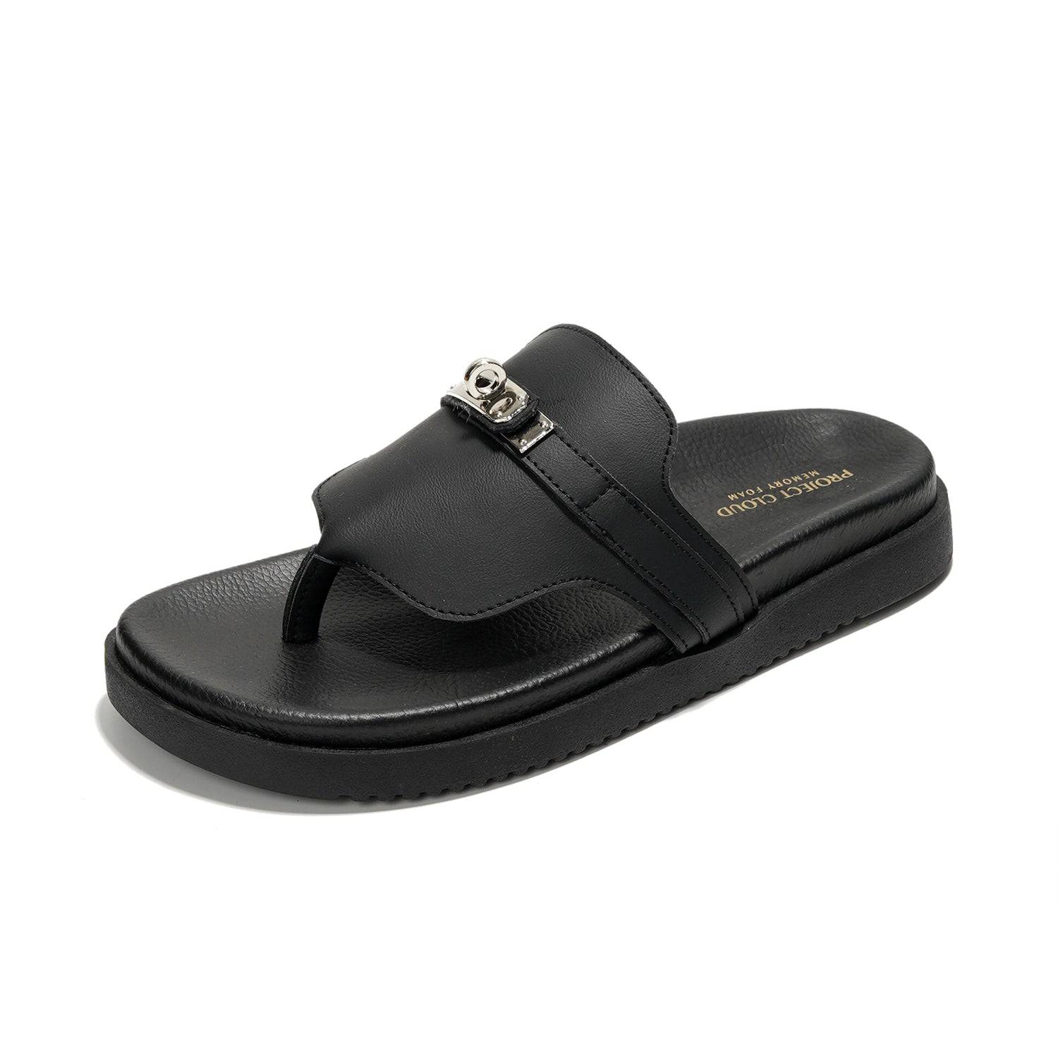 Project Cloud Vita Black Leather Sandals with Memory Foam - Slip-on Slides for Women