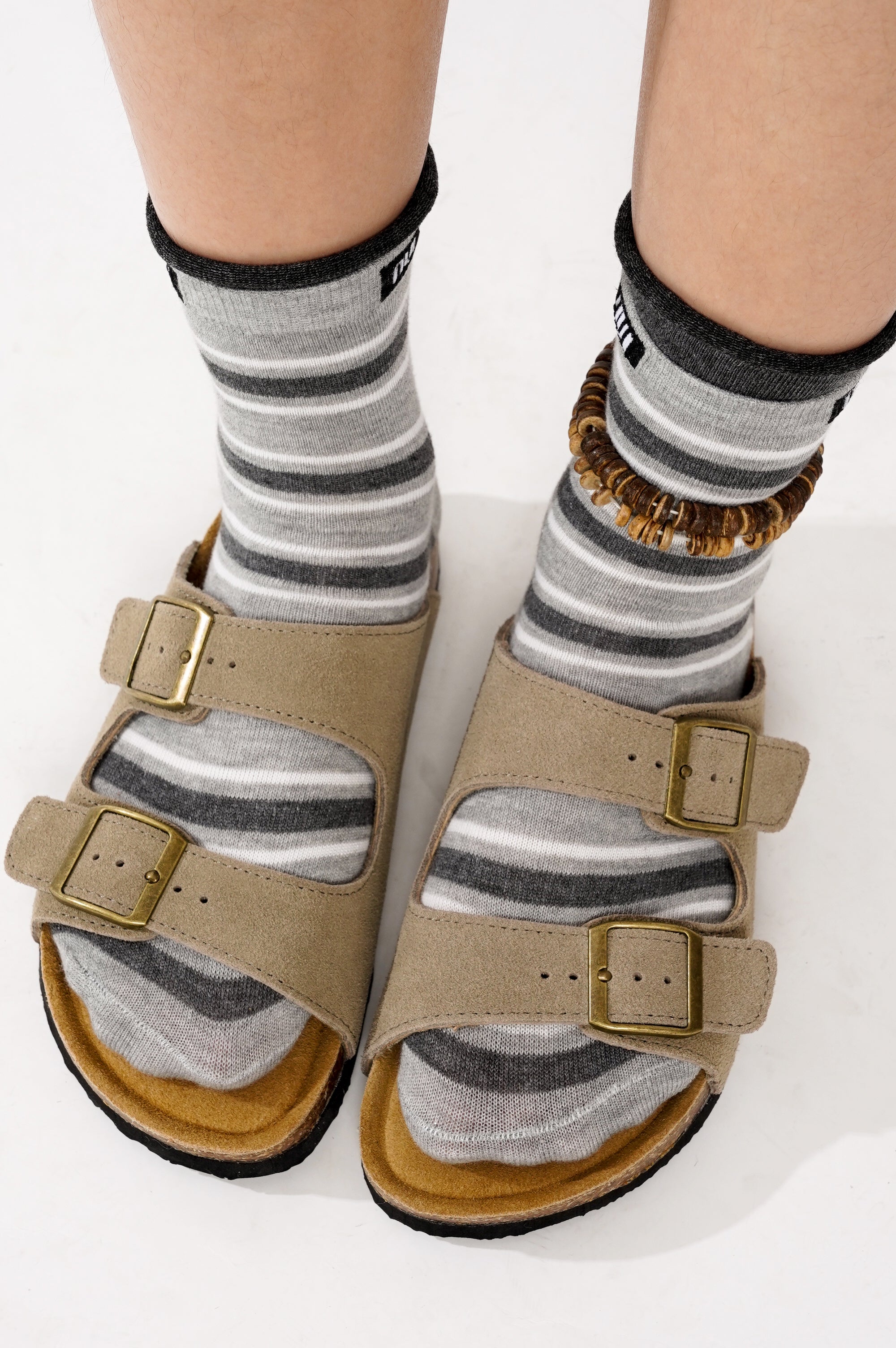 Project Cloud Venita leather sandals with adjustable buckles, grey striped socks, summer style