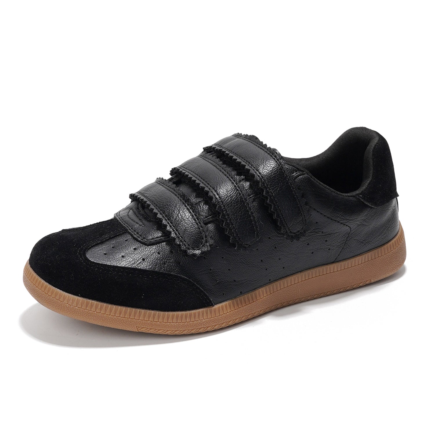 Project Cloud Ysabelle vegan leather sneakers in black with velcro straps, brown sole