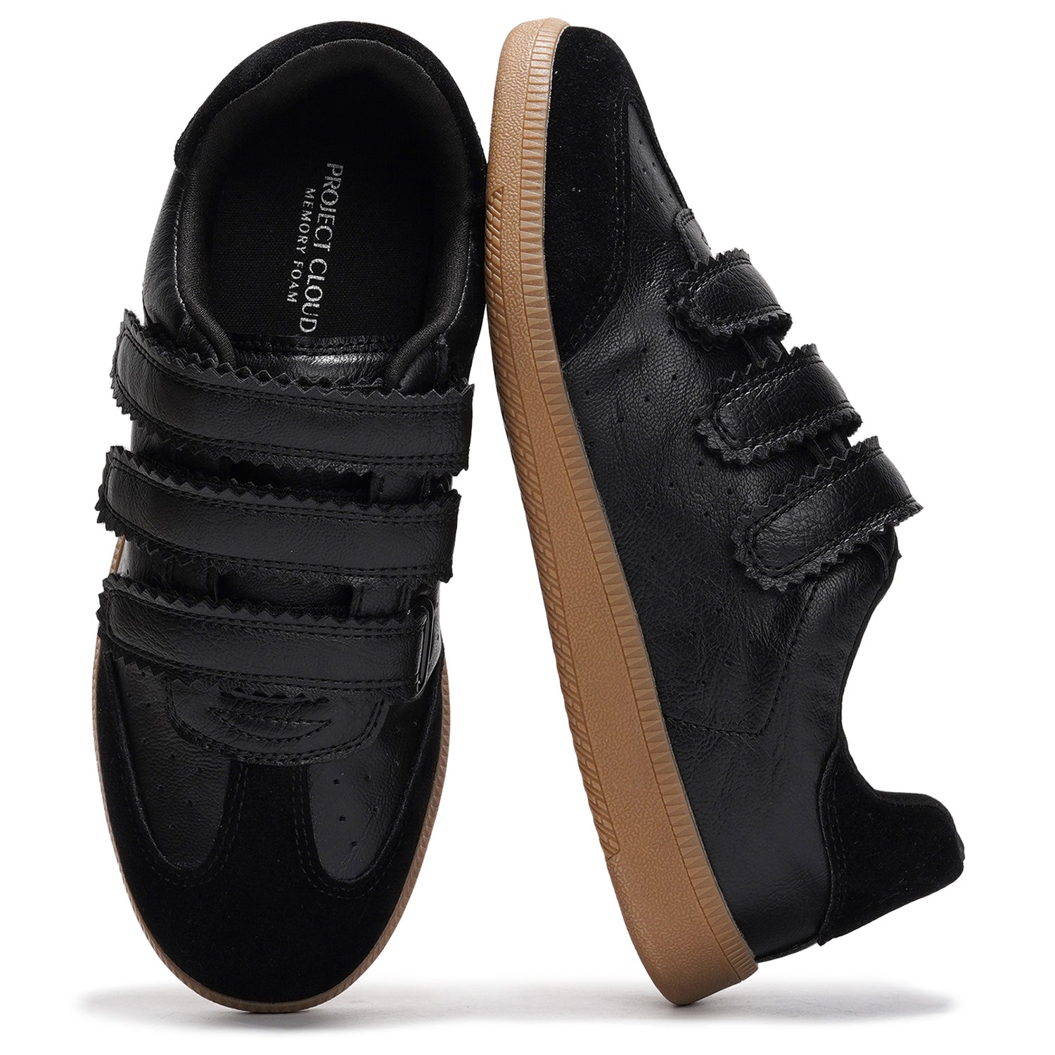 Project Cloud Ysabelle vegan leather sneakers in black with velcro straps and memory foam.